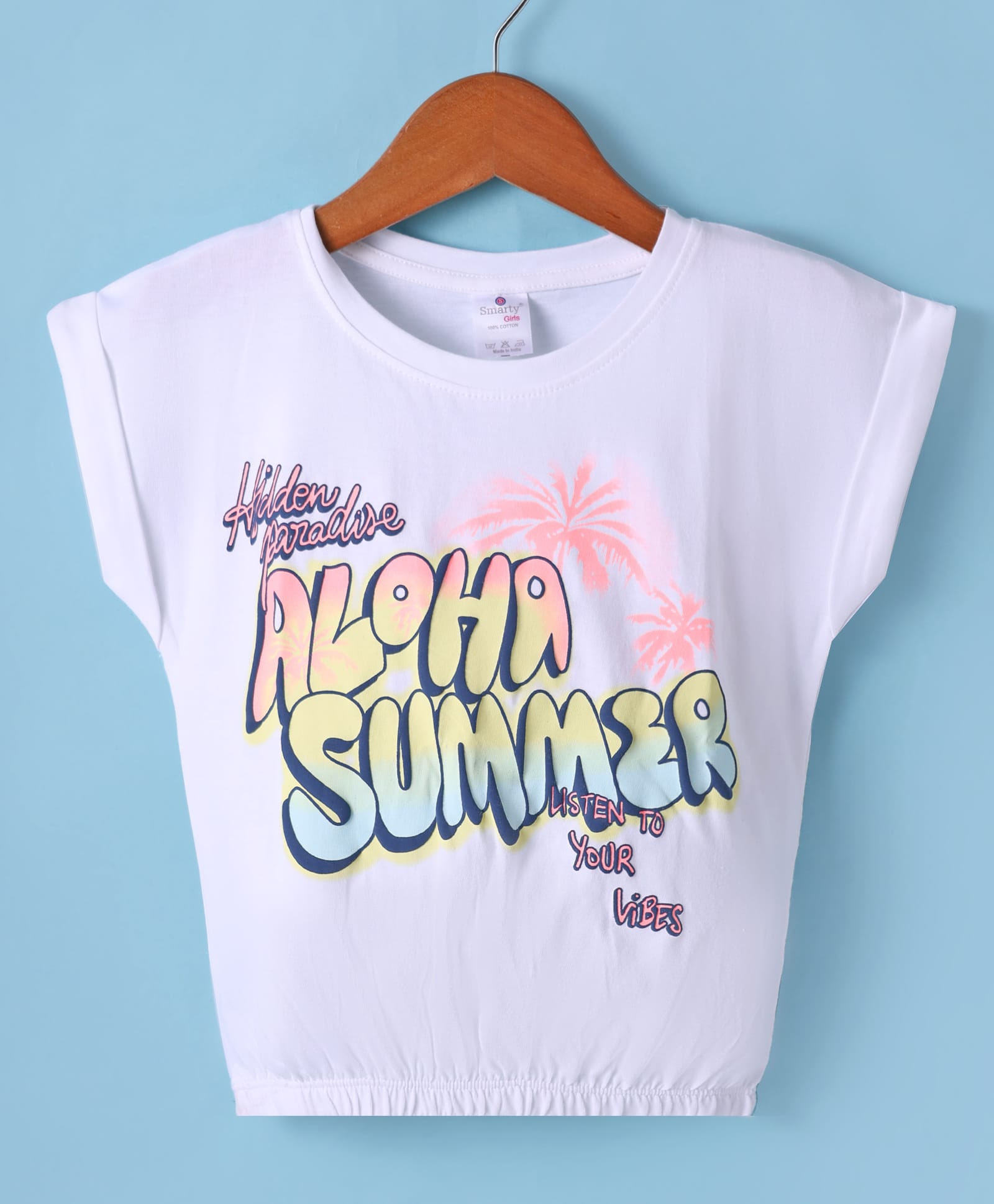 Smarty Girls Cotton Knit Half Sleeves Top With Aloha Summer Print - Offwhite-picture-11