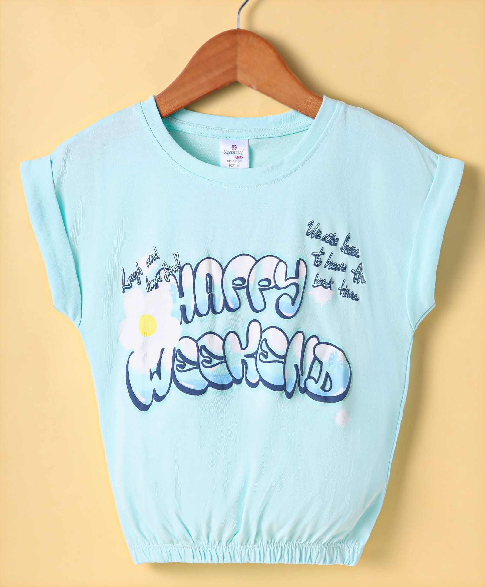 Smarty Girls Cotton Knit Half Sleeves Top with Text Print - Light Blue-image-27
