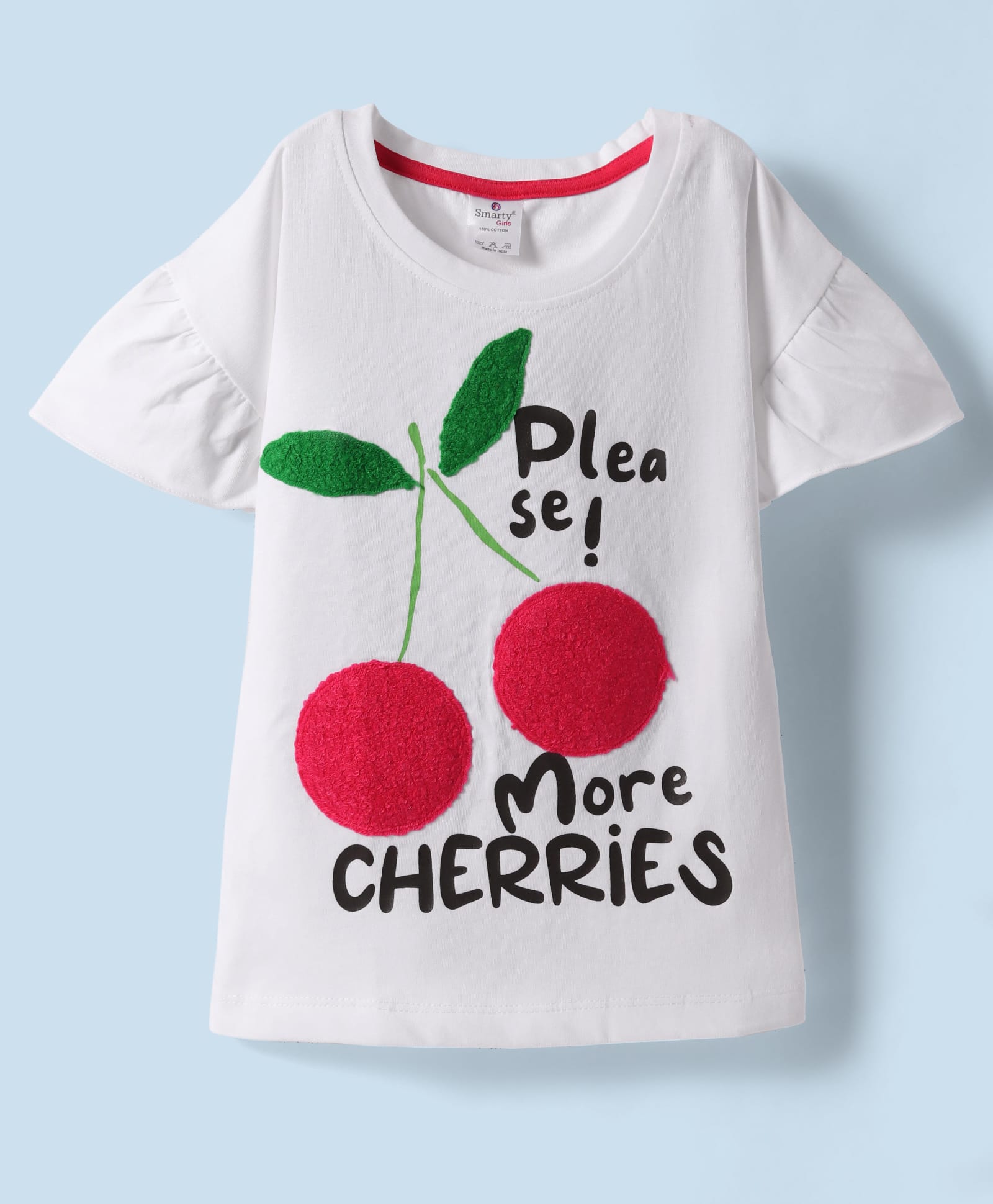 Smarty Girls Cotton KnitDrop Shoulder Flutter Sleeves Top with Cherry Print - White-picture-45