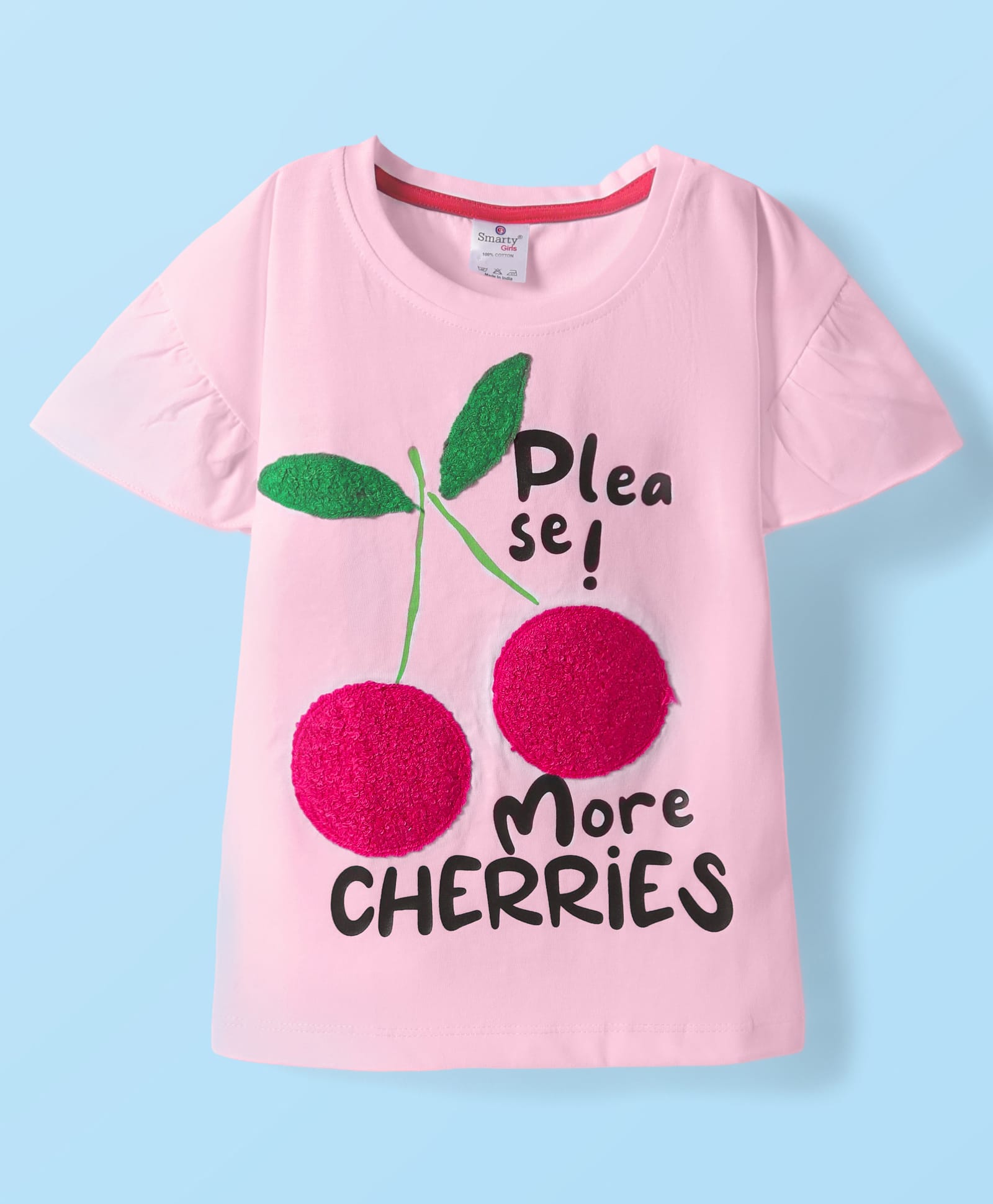 Smarty Girls Cotton Knit Drop Shoulder Flutter SleevesTop with Cherry Print - Pink-image-13