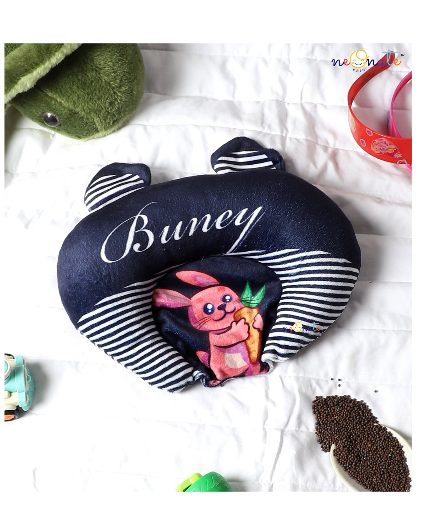 NeonateCare Mustard Seed Pillow for New Born Baby, Ideal for Round Head Shaping Seed Pillow for 0 to 6 Months Babies (Dark blue bunny Pillow) ( color and design may vary)-image-1