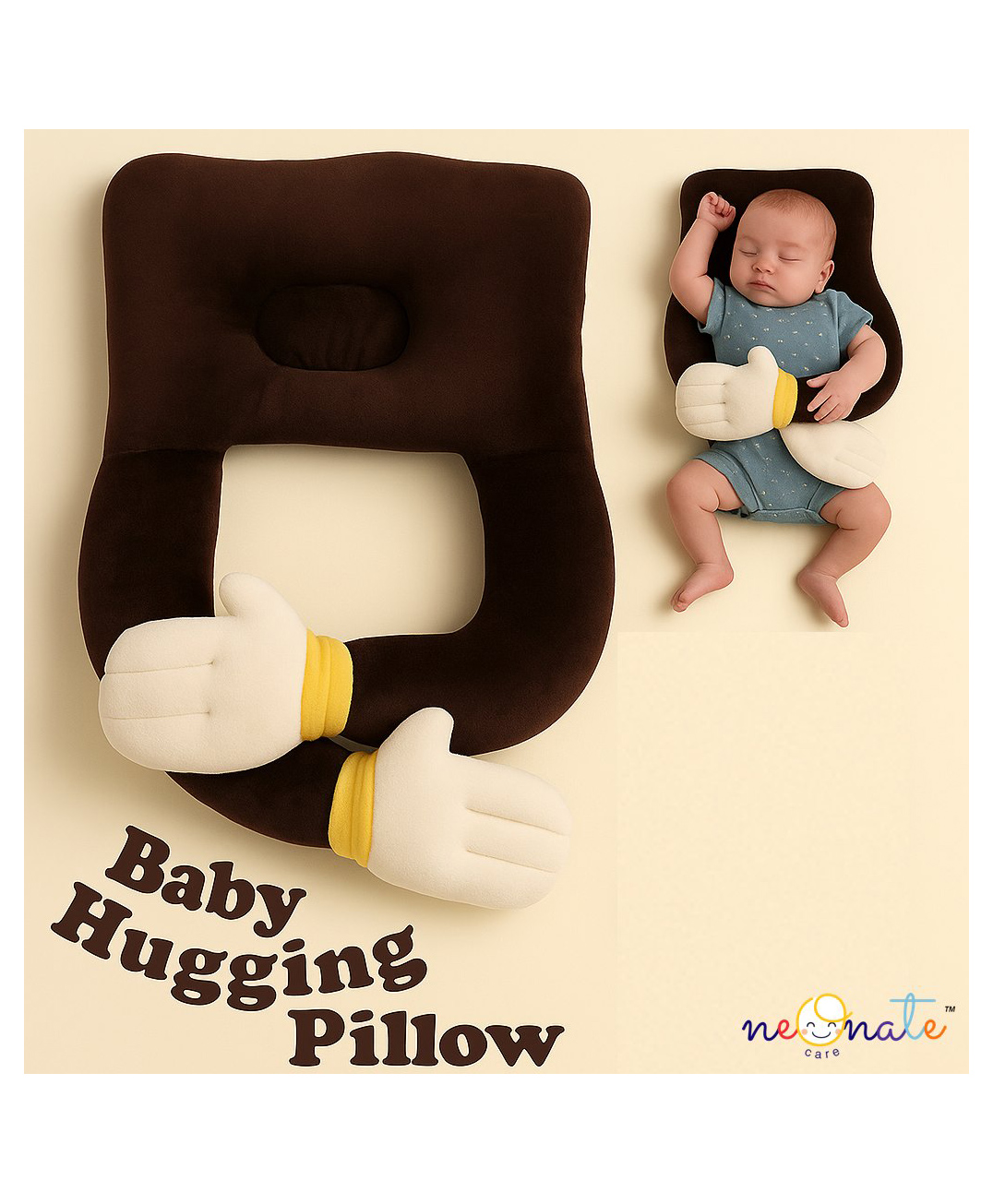 NeonateCare Baby Hugging Pillow for Head Shaping|Neck Support New Born Baby Infant Soft,Plush Pillow - Brown (color and design may vary)