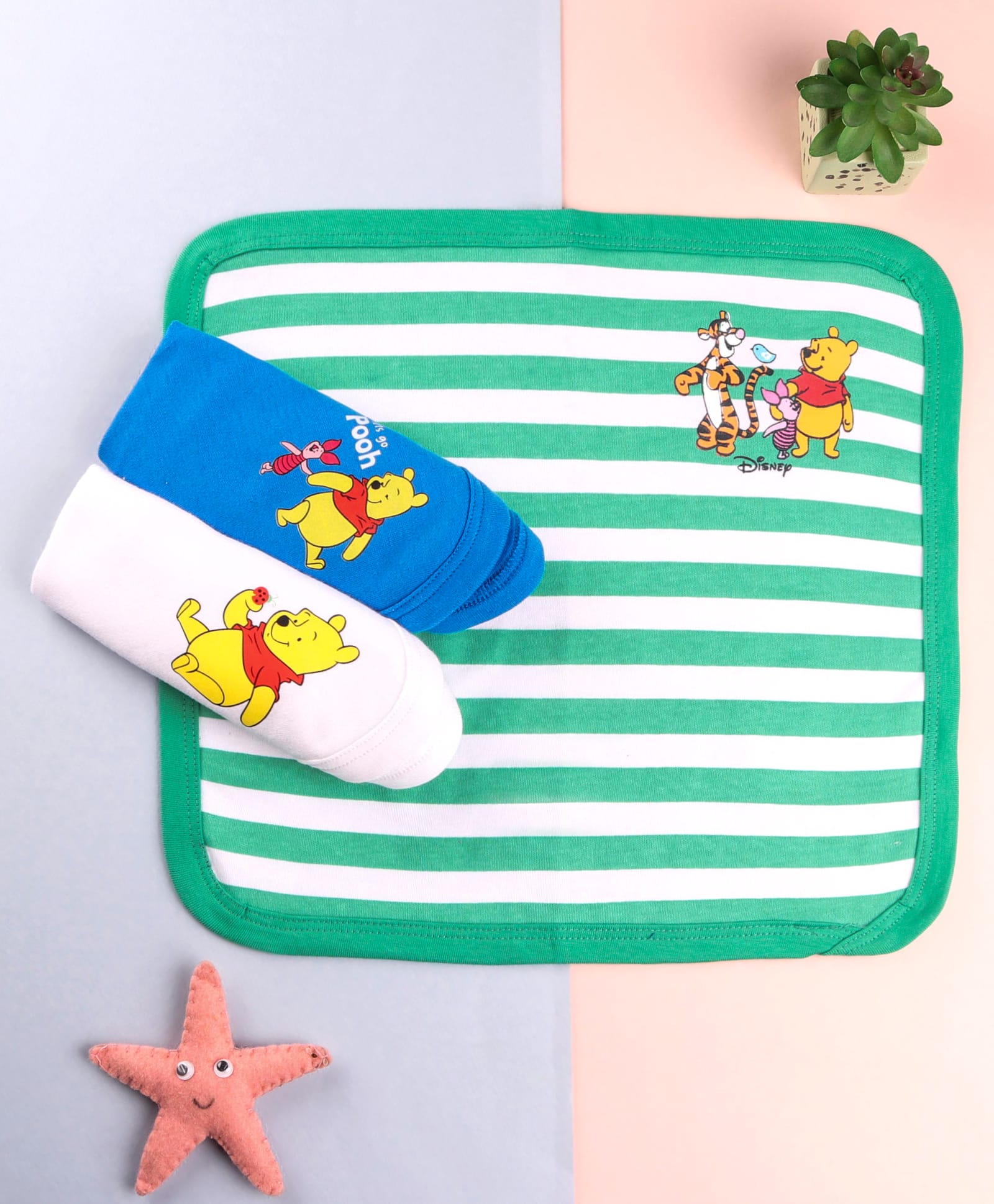Babyhug Disney Interlock Knit Hand & Face Towel with Winnie the Poo Graphic L 28 X B 28 cm Pack of 3 - Green Blue & White-image-37