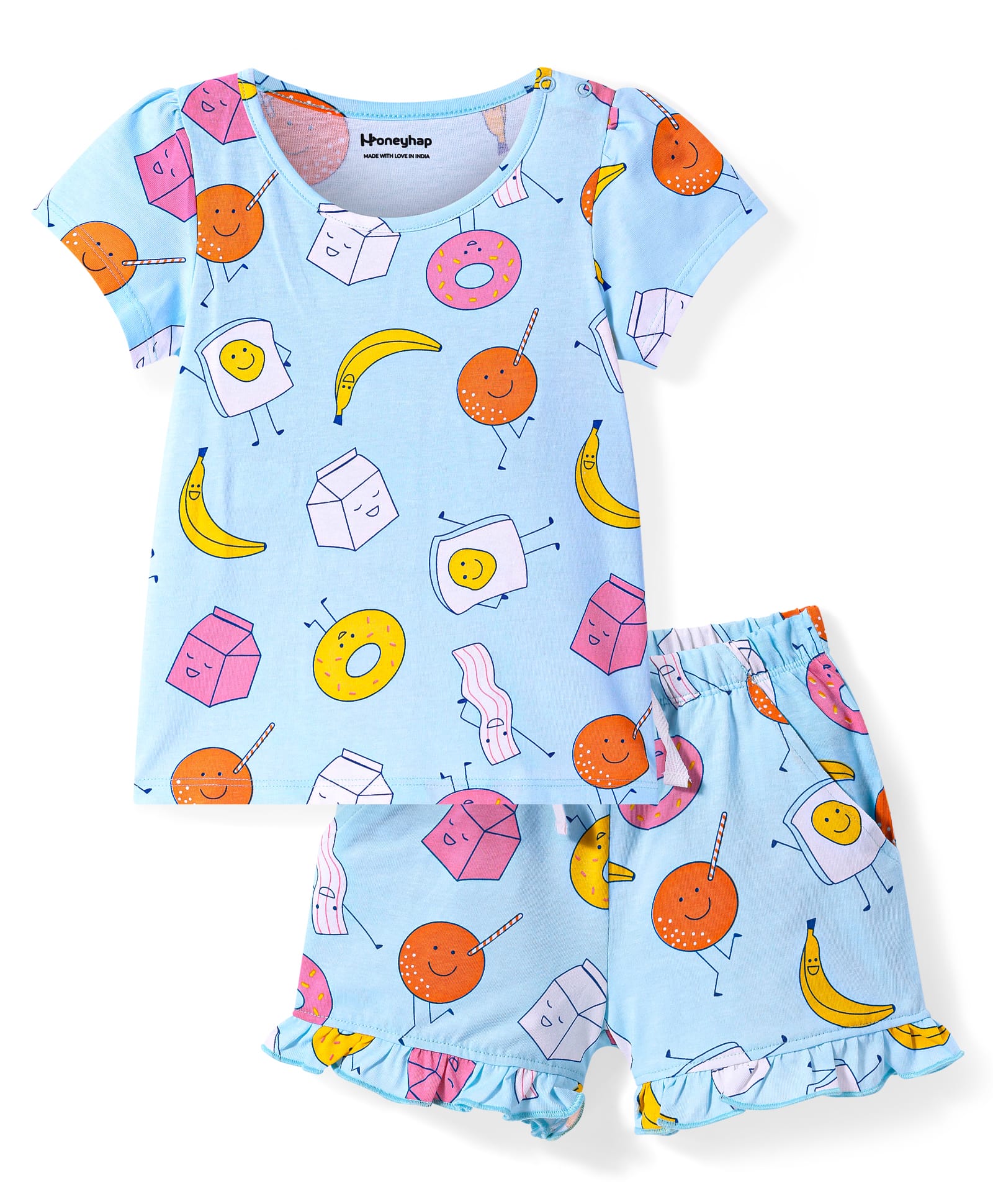 Honeyhap Premium Bio Finish Cotton Half Sleeves Shorts Night Suit With Breakfast Print - Light Blue-image-22