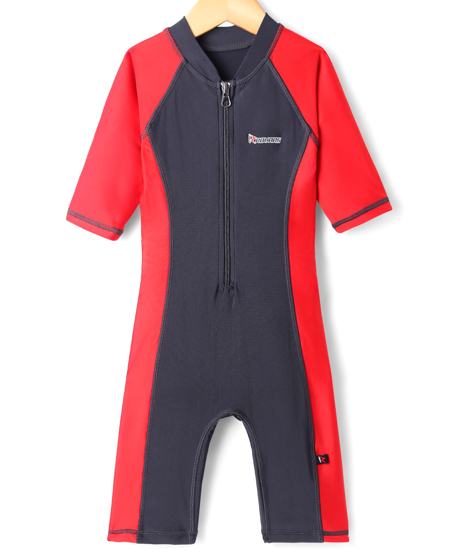 ROVARS Lycra Half Raglan Sleeves Legged Swimsuit - Red & Grey-picture-15