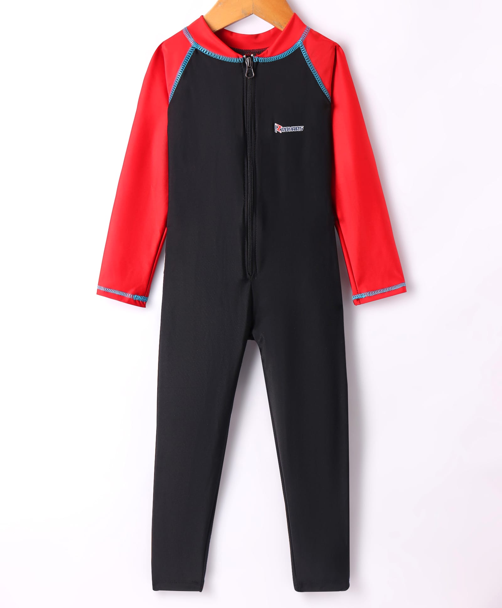 Rovars Lycra Full Ranglan Sleeves Solid Color Body Swimsuit - Black & Red-picture-21