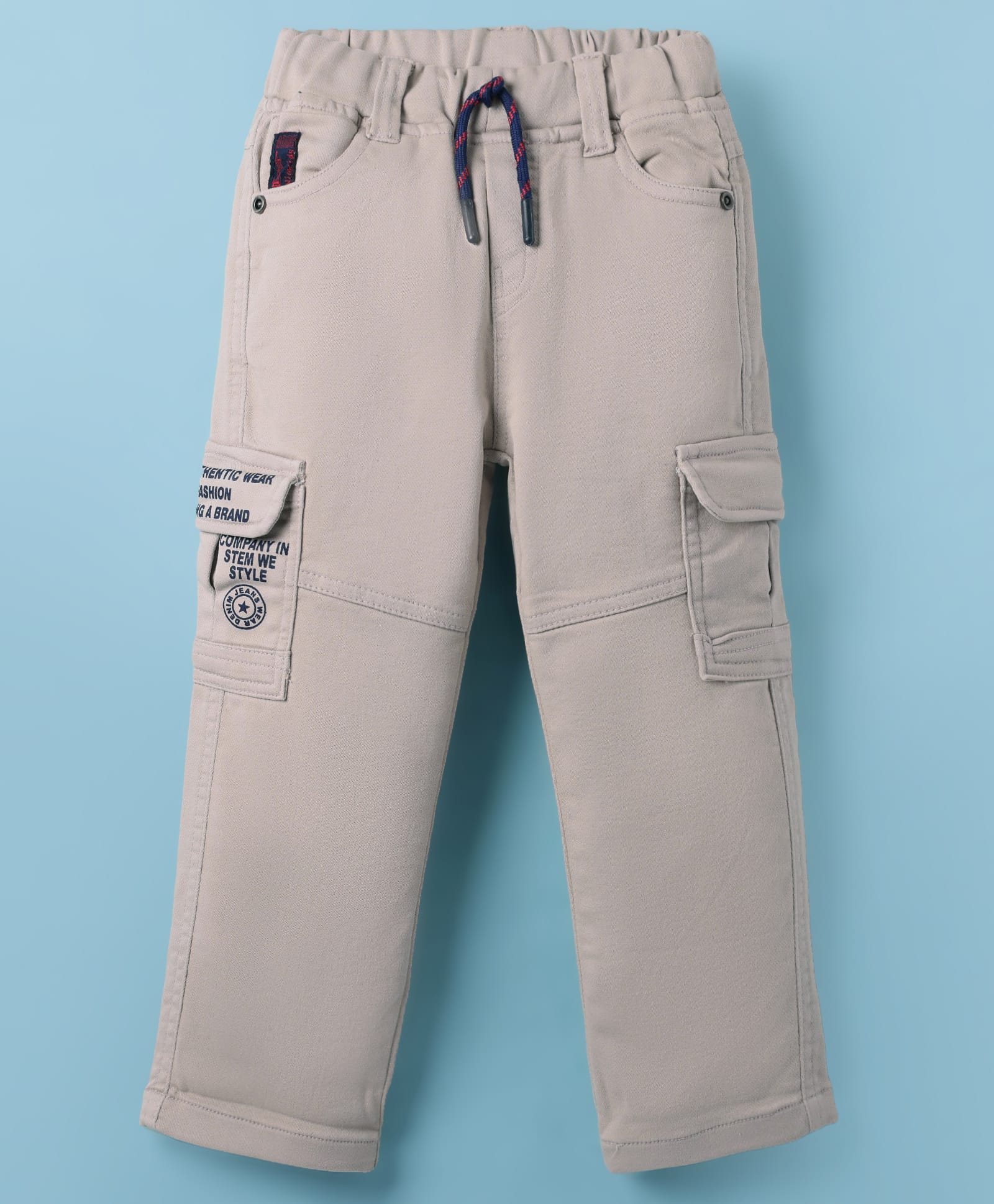 Olio Kids Cotton Knit Full Length Trousers with Text Print & Cargo Pockets - Grey-picture-25