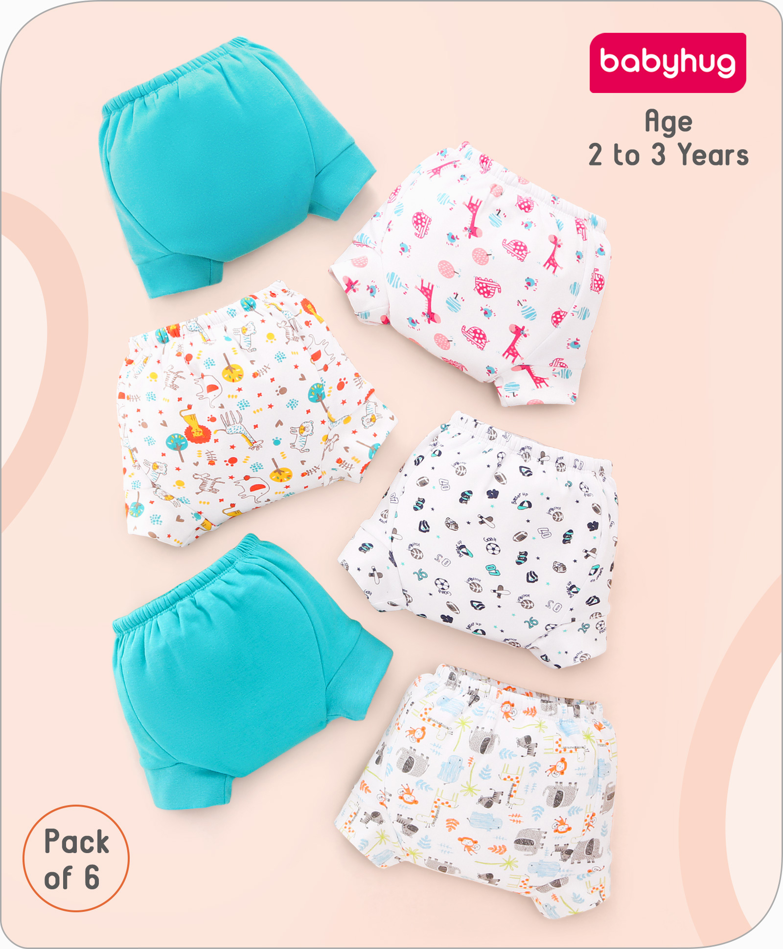 Babyhug 100% Cotton Reusable Potty Training Pull Up Padded Pants Pack of 6 Size 2 (2 - 3 years) - Multicolour
