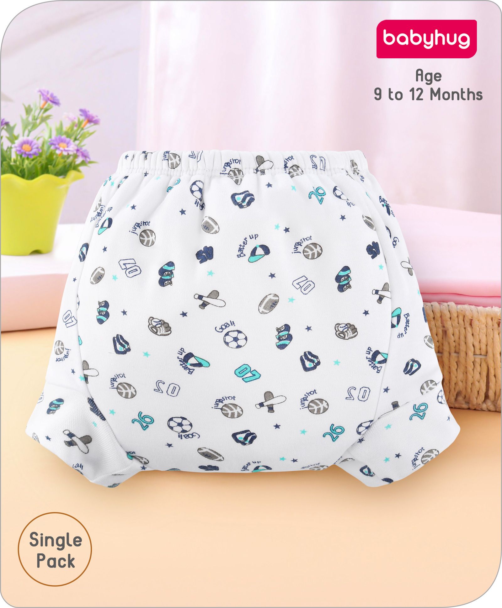 Babyhug 100% Cotton Reusable Sports Theme Print Potty Training Pull Up Padded Pants Pack of 1 - Size 0 (9 - 12 months) - Grey