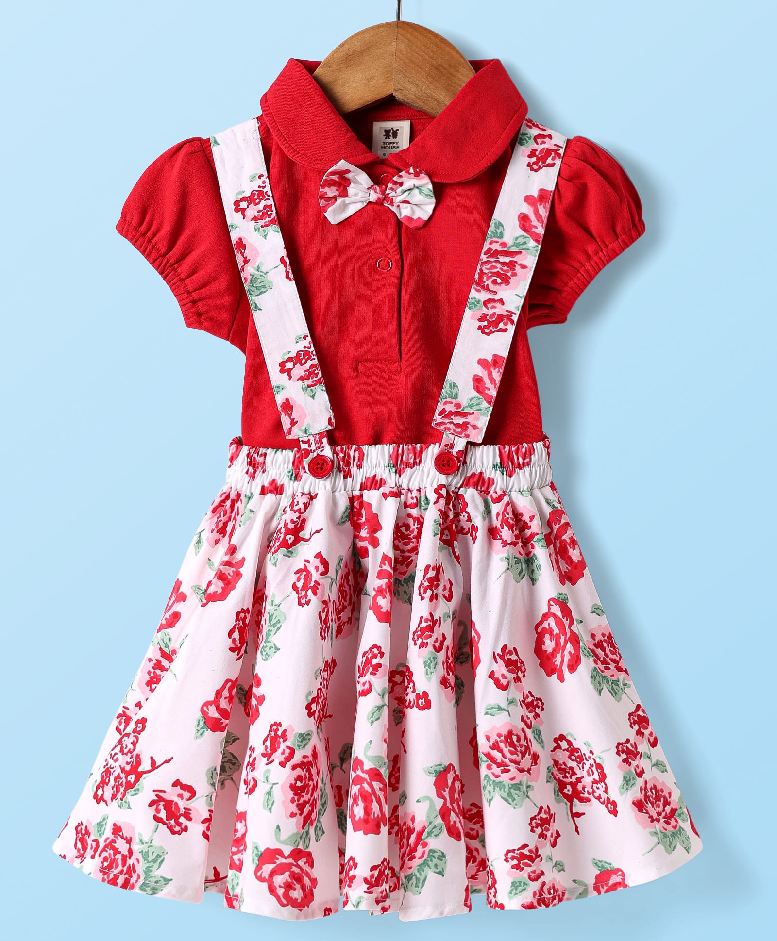 ToffyHouse Cotton Knit Puffed Sleeves Peter Pan Collar Tops & Skirt with Floral Print with Bow Applique - White & Red-image-33