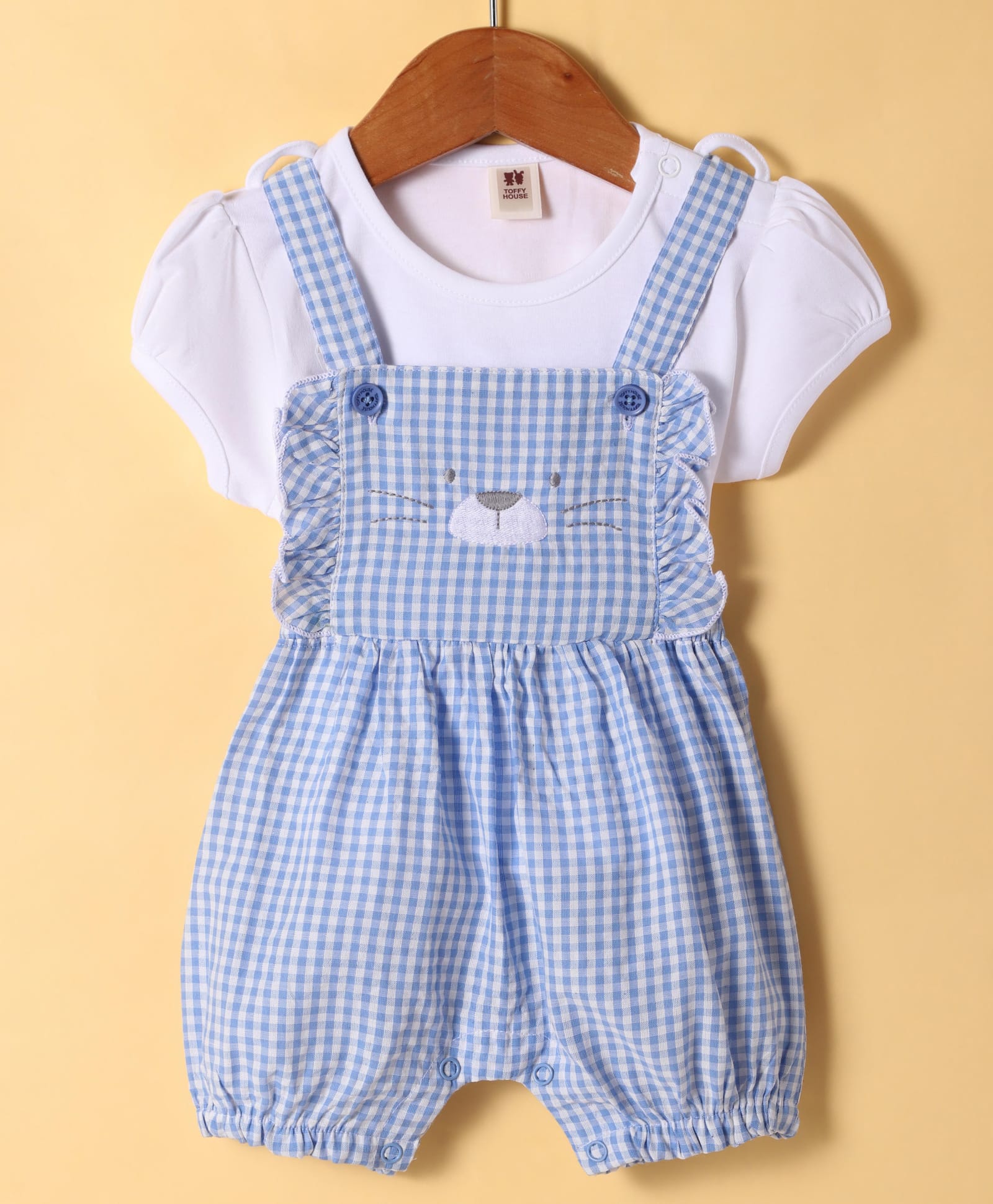 ToffyHouse Cotton Knit Half Sleeves Checkered Dungaree Style Romper with Half Sleeves Inner T-Shirt - Lavender-picture-14