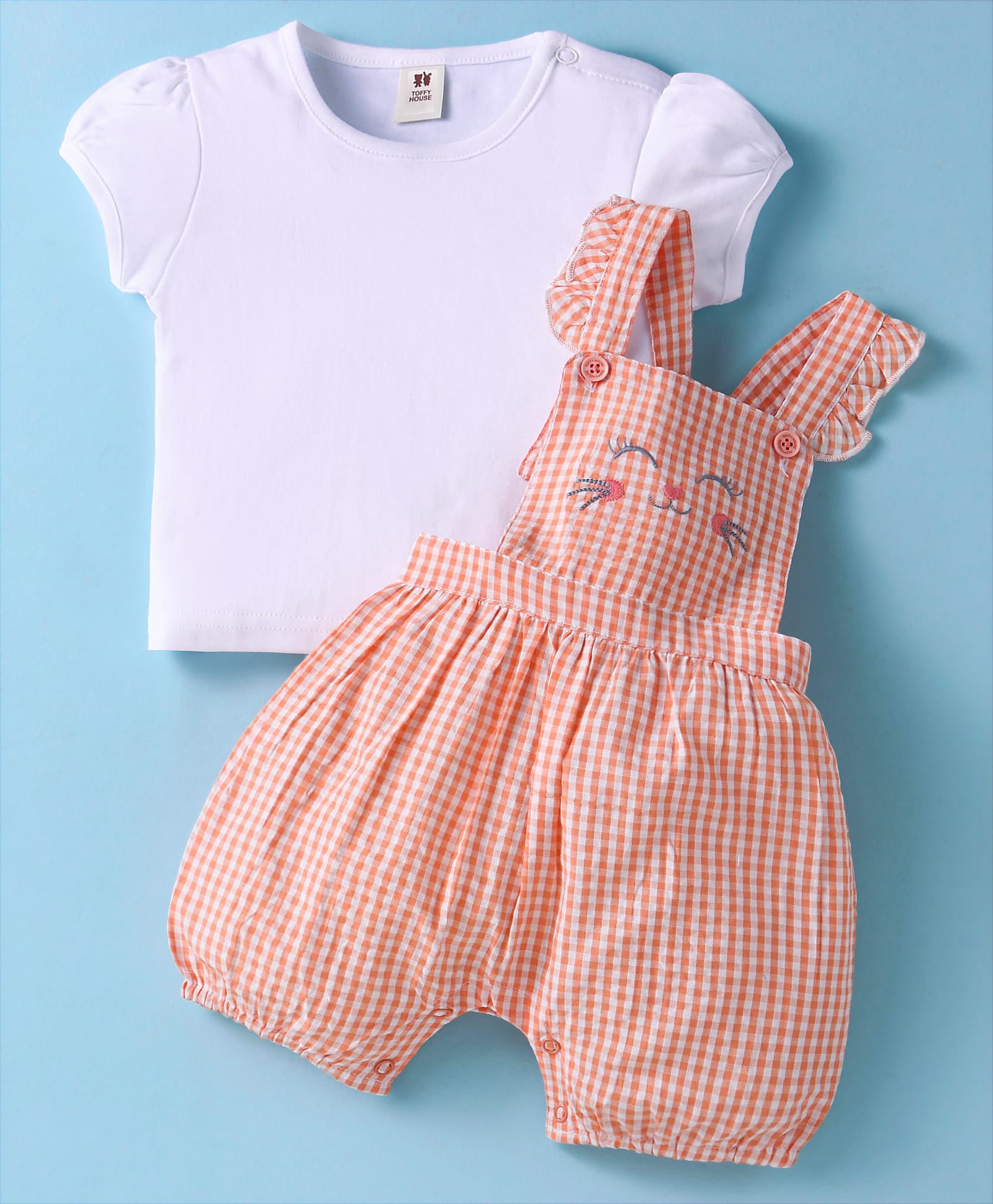 ToffyHouse Cotton Knit Half Puffed Sleeves Solid Top & Checkered Dungaree with Kitty Embroidery - Orange & White-image-38