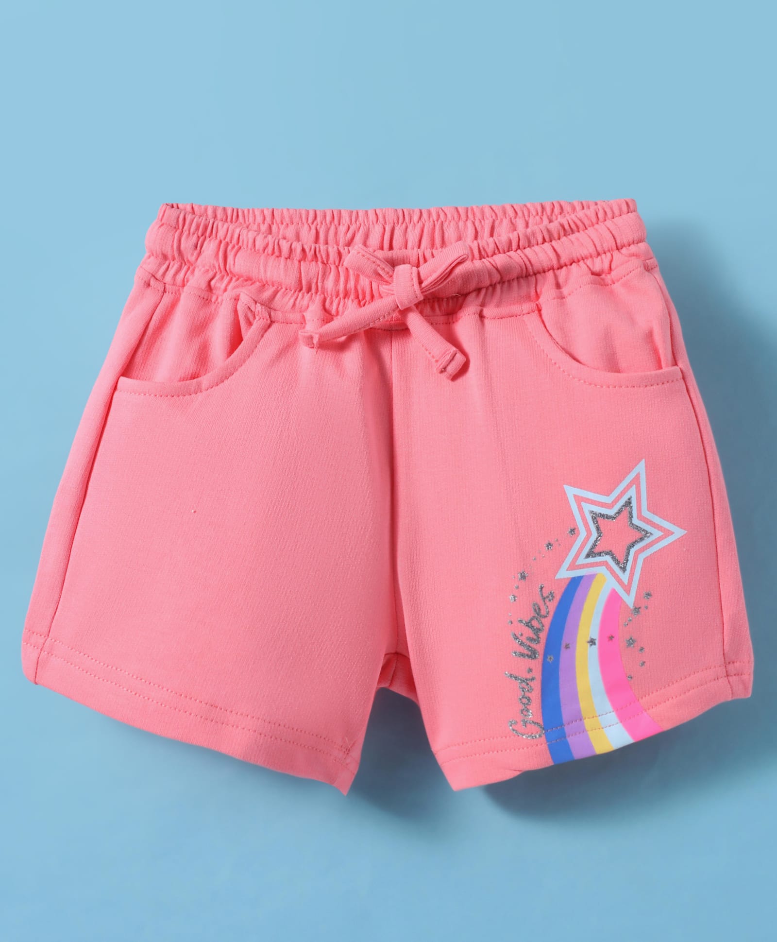 Olio Kids Cotton Knit Above Knee Length Shorts with Star & Text Glitter Print - Pink-image-49