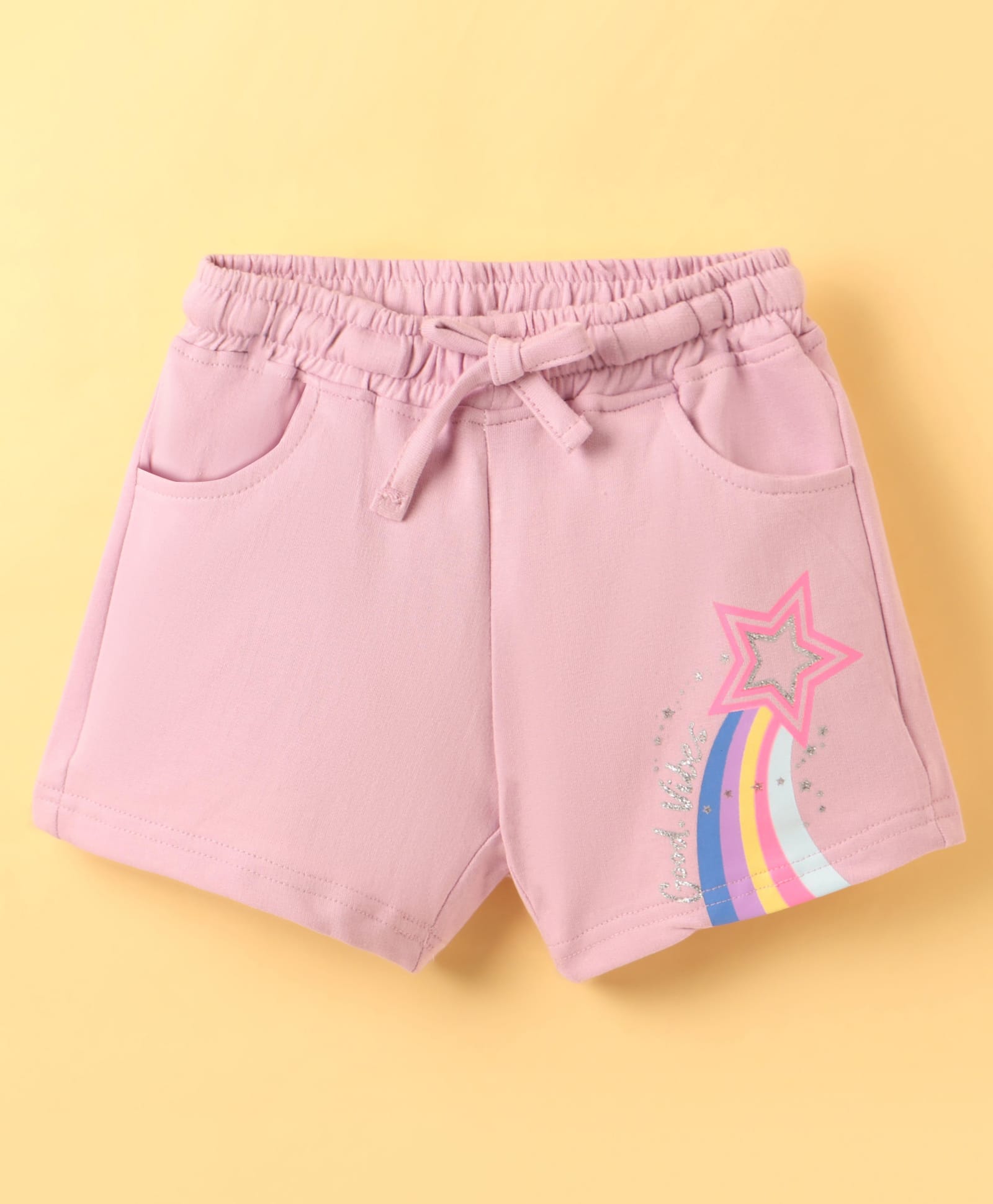 Olio Kids Cotton Knit Above Knee Length Shorts with Star & Text Glitter Print - Light Pink-picture-24