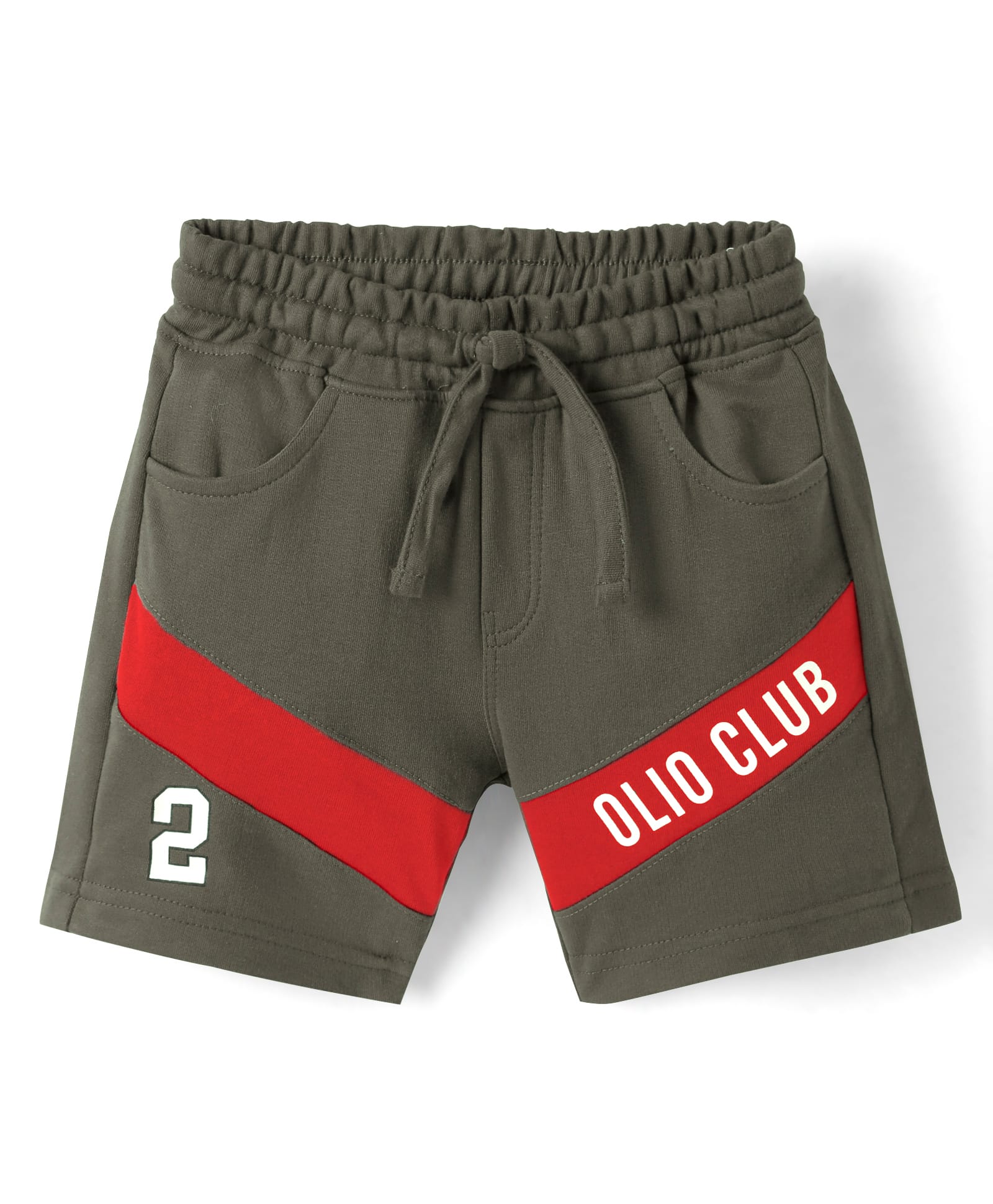 Olio Kids Cotton Knit Above Knee Length Cut & Sew Shorts with Text Print - Olive Green-picture-15