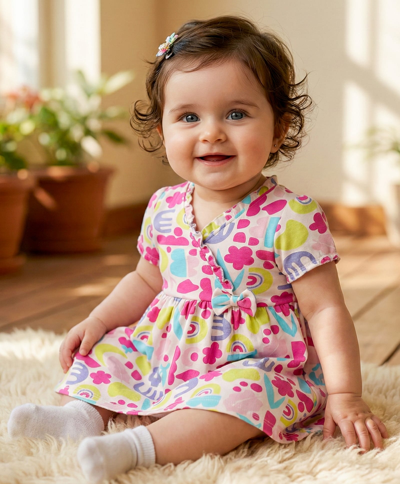 Babyoye 100% Cotton Knit With Eco Jiva Finish Half Sleeves Frock With Floral Print & Bloomer - White