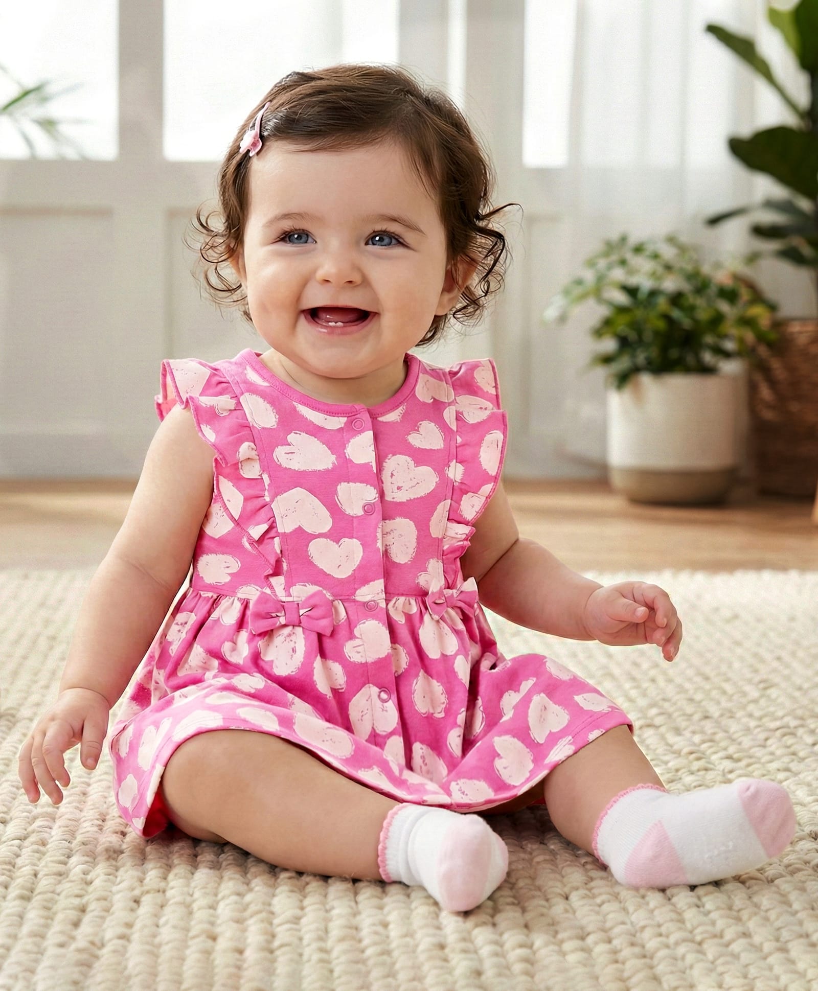 Babyoye 100% Cotton Knit Frill Sleeves Eco Jiva Finish Hearts Printed Frock with Bloomer & Bow Applique - Dark Pink
