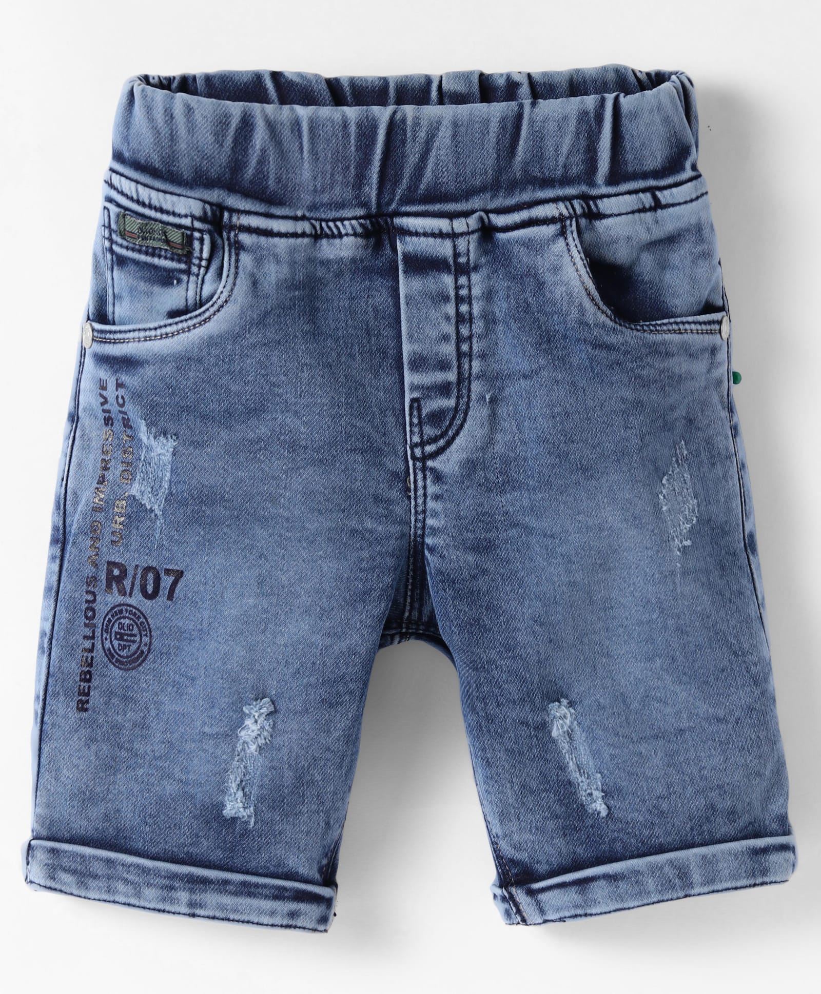 Olio Kids Above Knee Length Distressed Denim Shorts with Text Print - Light Blue-image-46