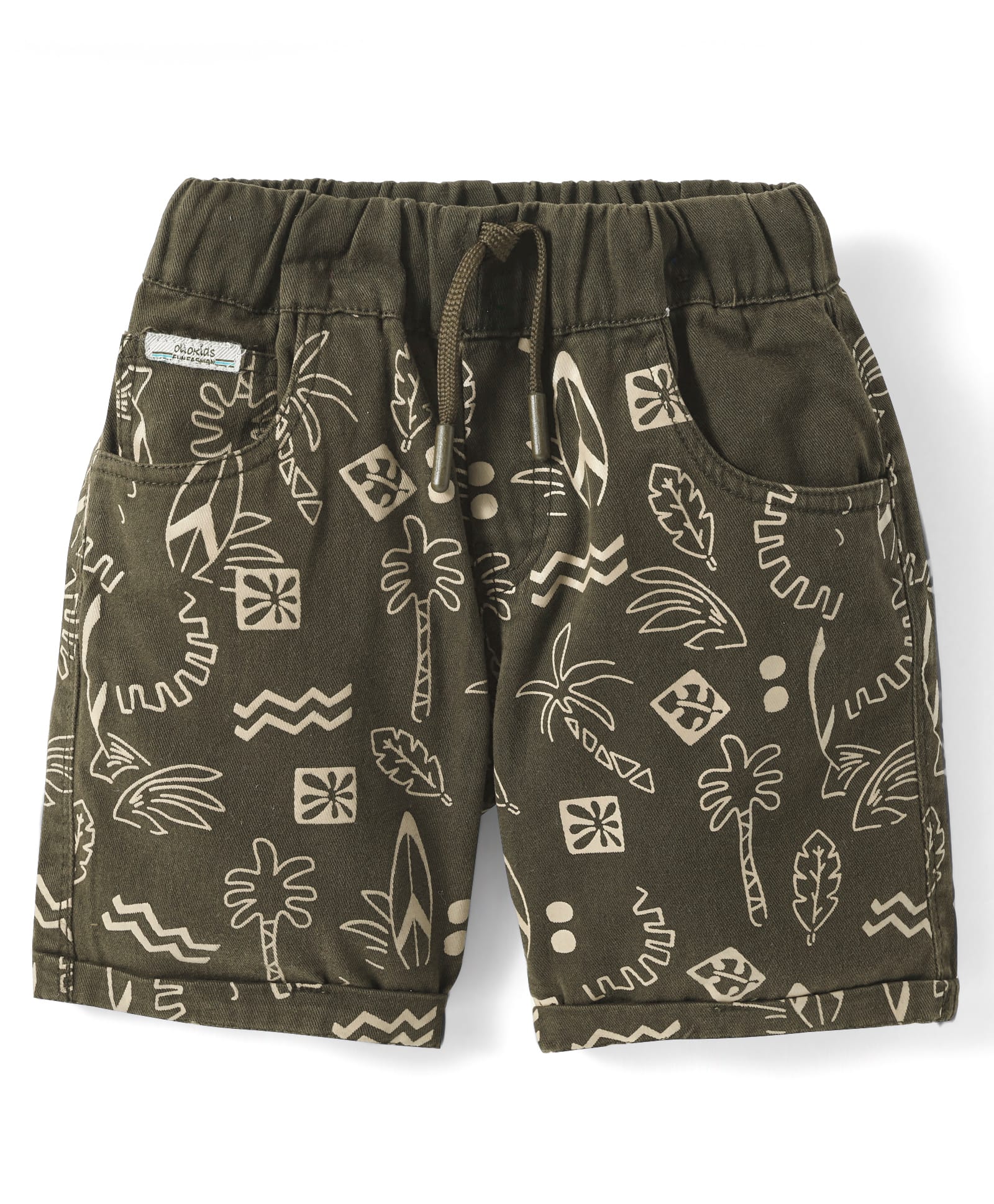 Olio Kids Cotton Knit Above Knee Length Shorts with Beach Theme Print - Olive Green-picture-19