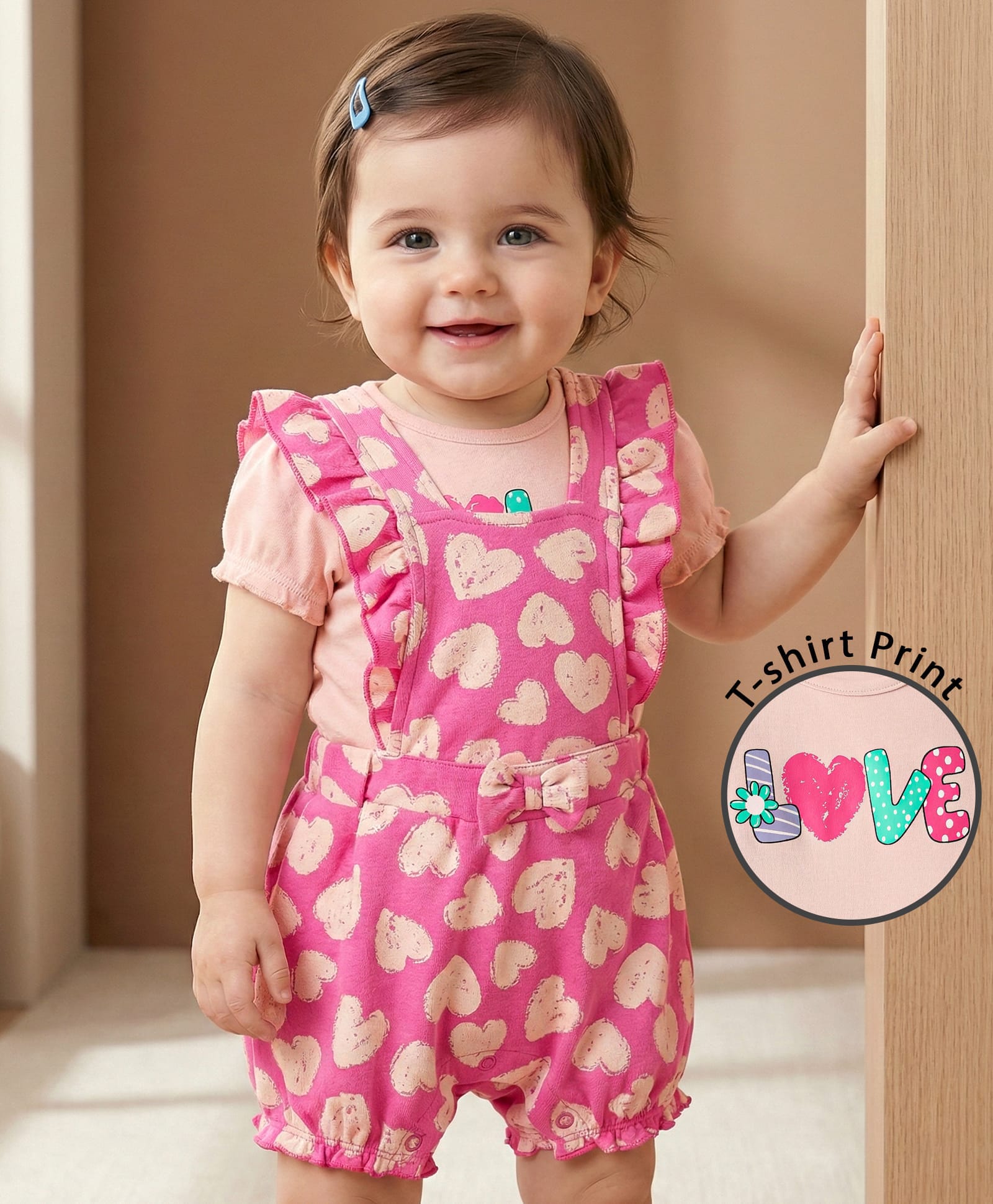 Babyoye 100% Cotton Knit Dungaree Style Romper & Half Sleeves T-Shirt With Heart Print & Bow Applique - Dark Pink-image-43
