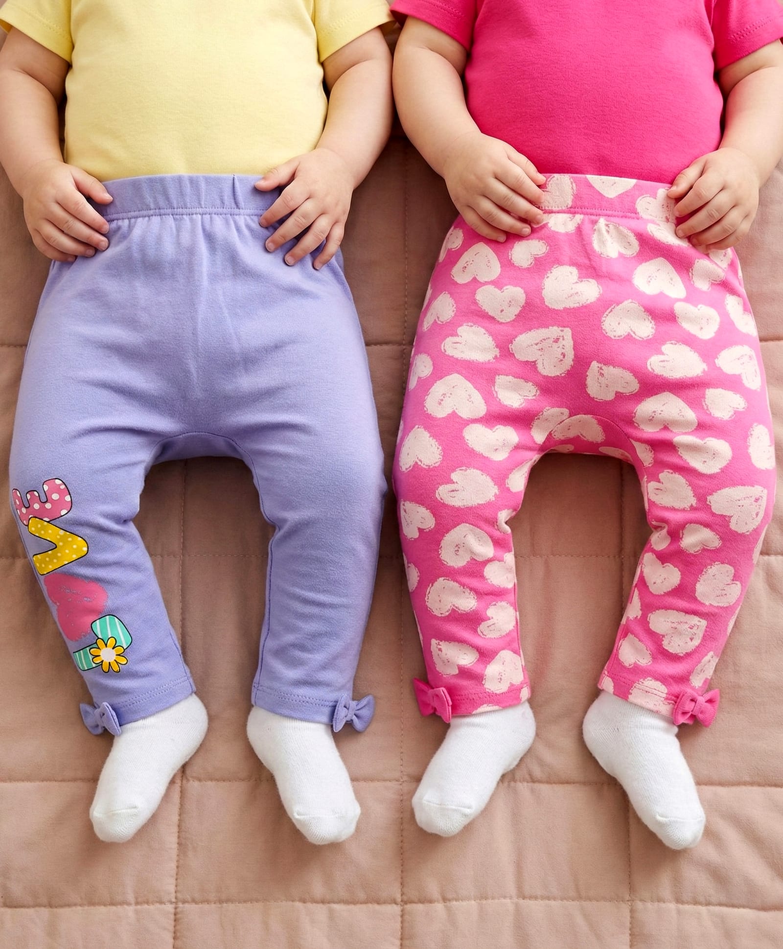 Babyoye 100% Cotton Knit With Eco Jiva Finish Full Length Heart Printed Leggings With Bow Applique Pack of 2 - Dark Pink & Lavender-picture-10