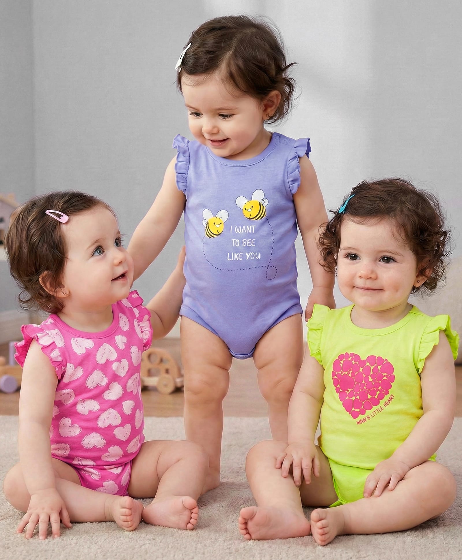 Babyoye 100% Cotton With Eco Jiva Finish Sleeveless Onesies with Heart & Bee Print Pack Of 3 - Pink & Lavender-picture-16