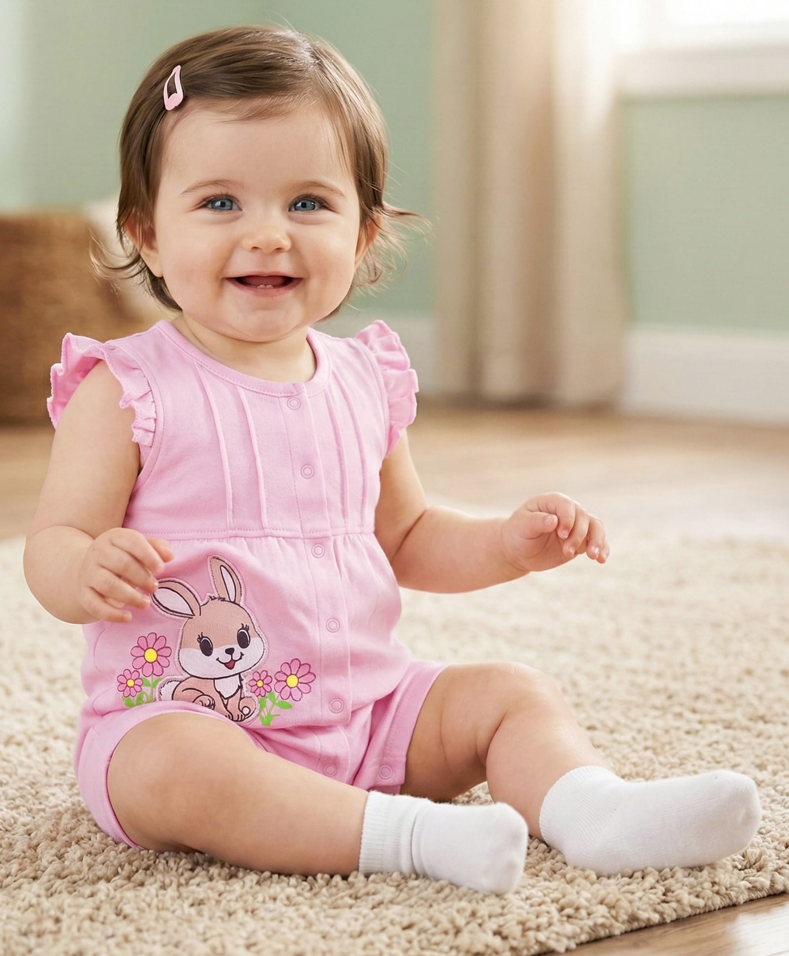 Babyoye 100% Cotton Knit Frill Sleeves Eco Jiva Finish Romper with Floral Print & Bunny Patch - Pink-picture-11