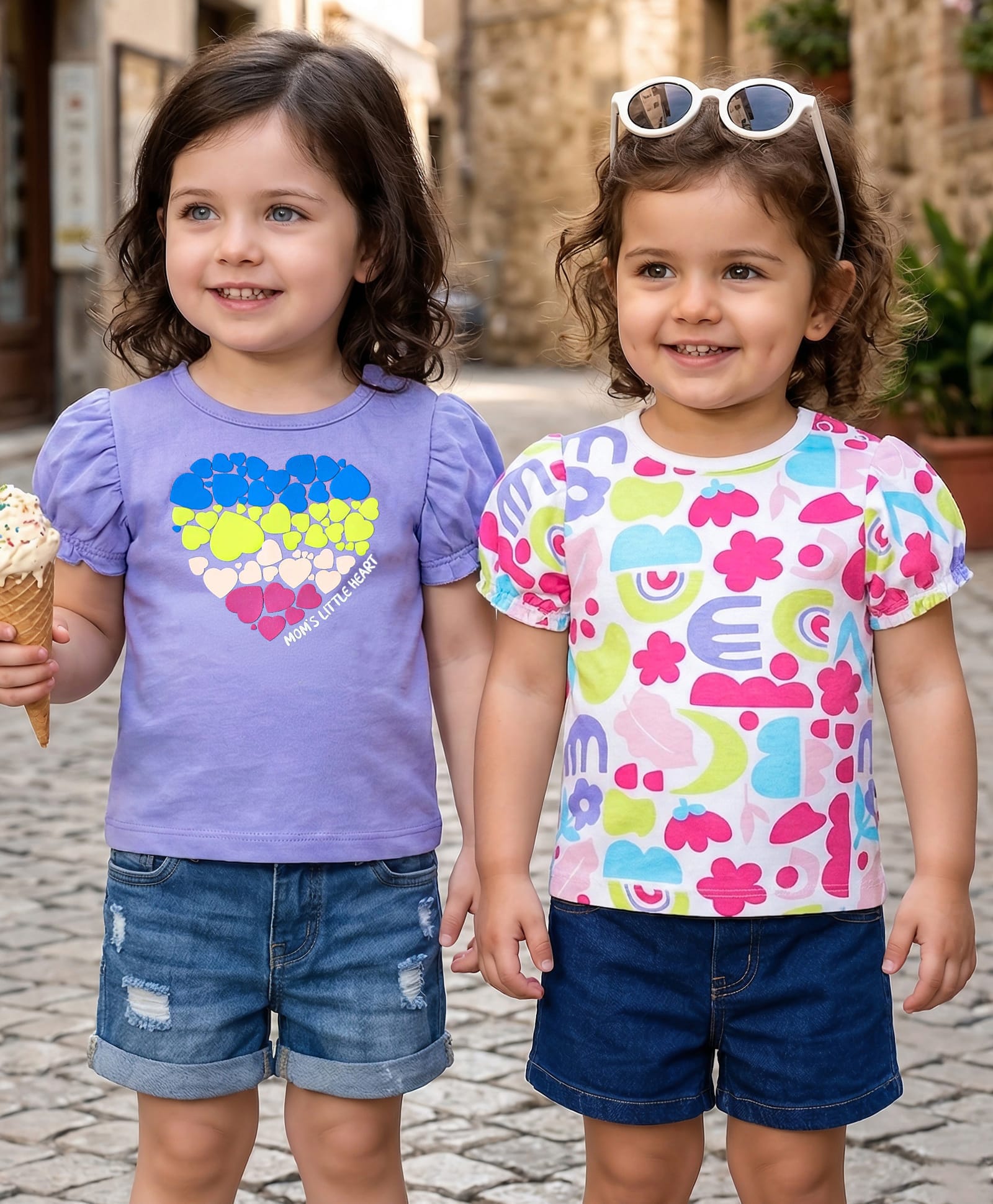 Babyoye Eco Conscious 100% Cotton Knit Half Puffed Sleeves Eco Jiva Finish T-Shirts with Hearts & Floral Print Pack of 2 - White & Lavender-picture-36