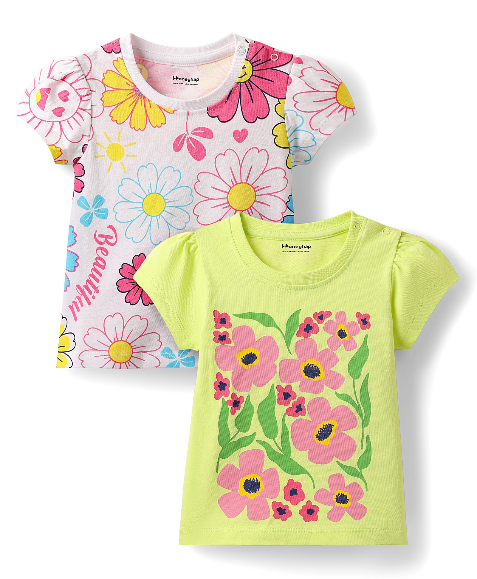 Honeyhap Premium 100% Cotton Knit Half Sleeves Floral Printed Tops with Bio Finish Pack of 2 - Bright White & Sunny Lime-image-29