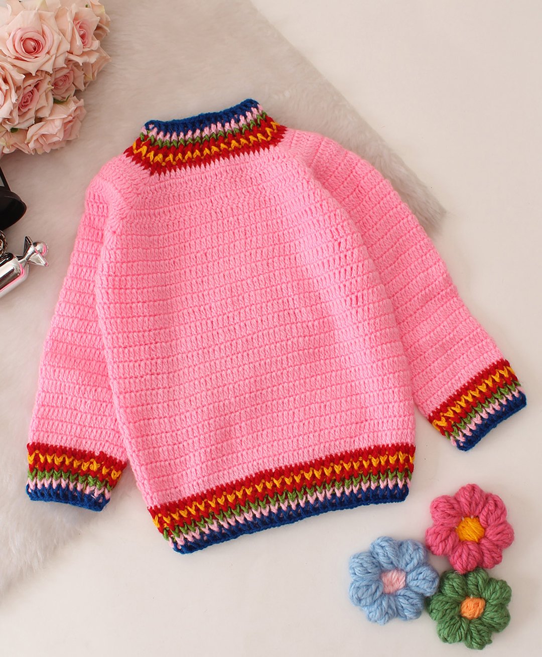 Woonie Full Sleeves Crochet Designed Pullover - Pink-image-5