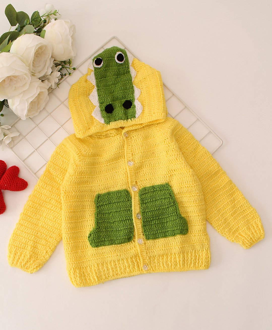 Woonie Hand Knitted Full Sleeves Dinosaur Designed Hooded Cardigan - Yellow-picture-18