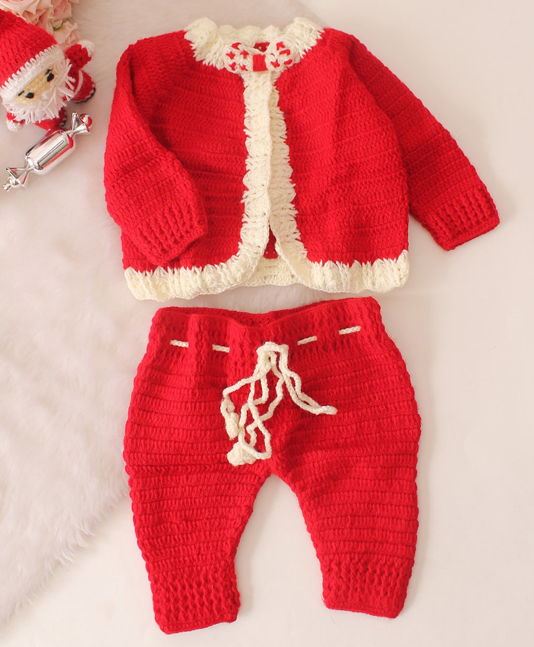 Woonie Hand Knitted Christmas Theme Full Sleeves Self Design Sweater & Pant With Bow Set - Red-image-2
