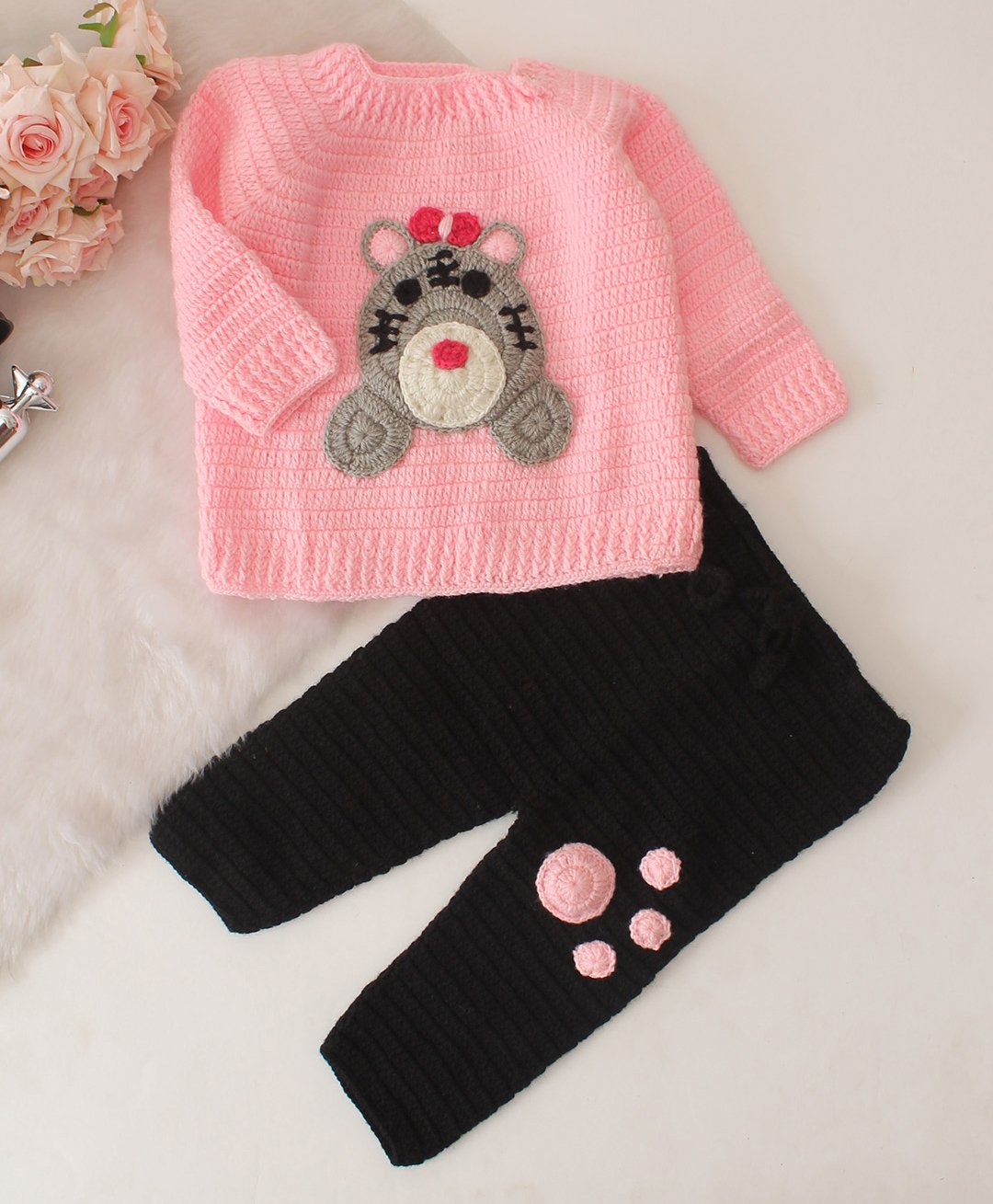 Woonie Full Sleeves Animal Embroidered Hand Knitted Sweater & Pant Set -Pink-image-2