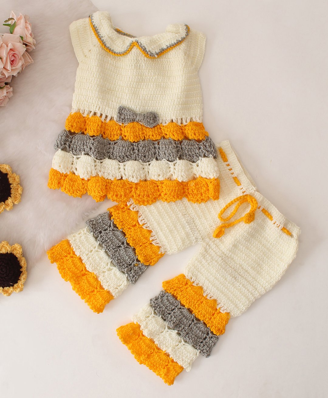 Woonie Sleeveless Striped Hand Knitted Sweater & Pant Set - Cream-image-42