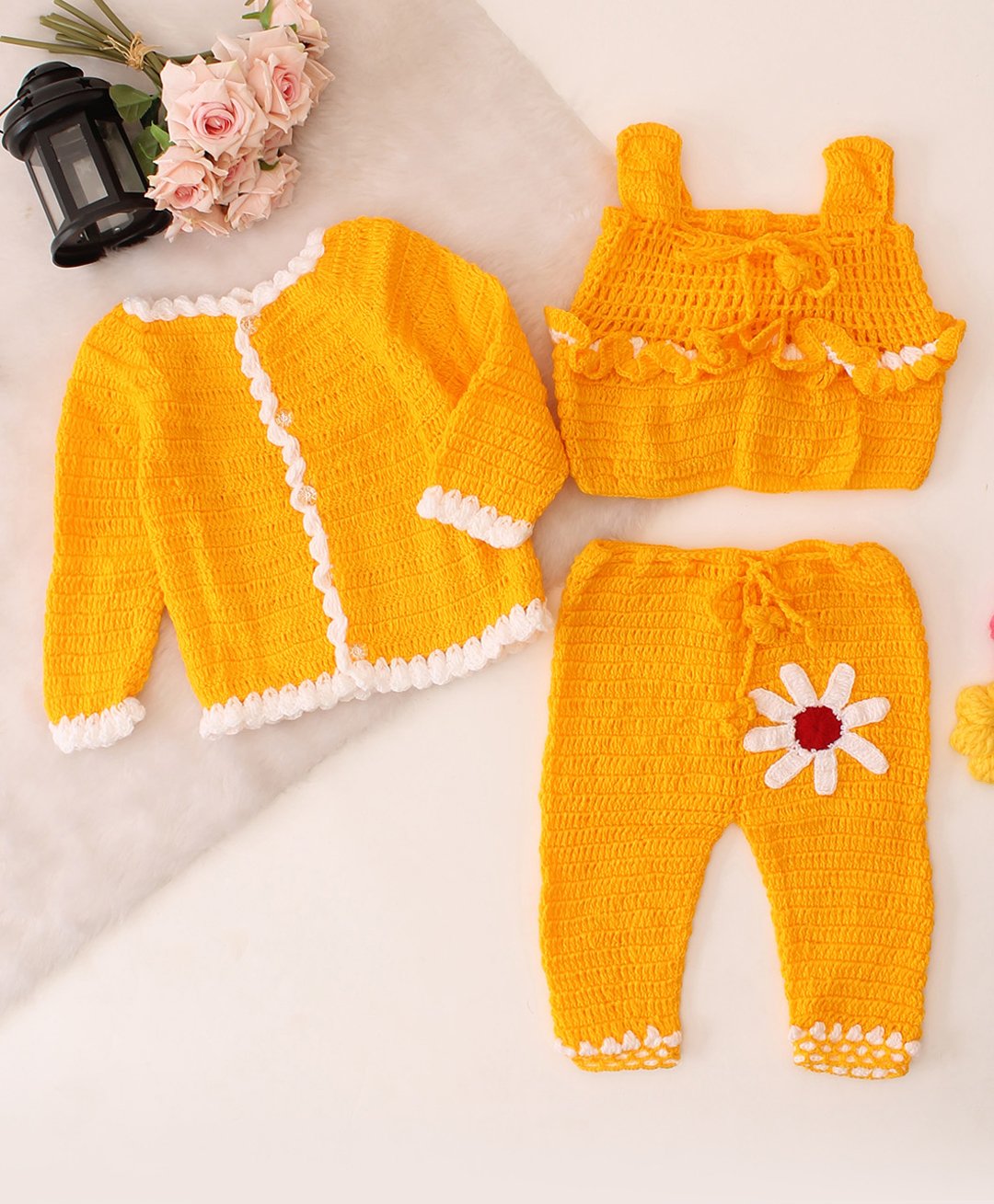 Woonie Full Sleeves Floral Designed Crochet Hand Knitted Sweater Set - Orange-picture-14