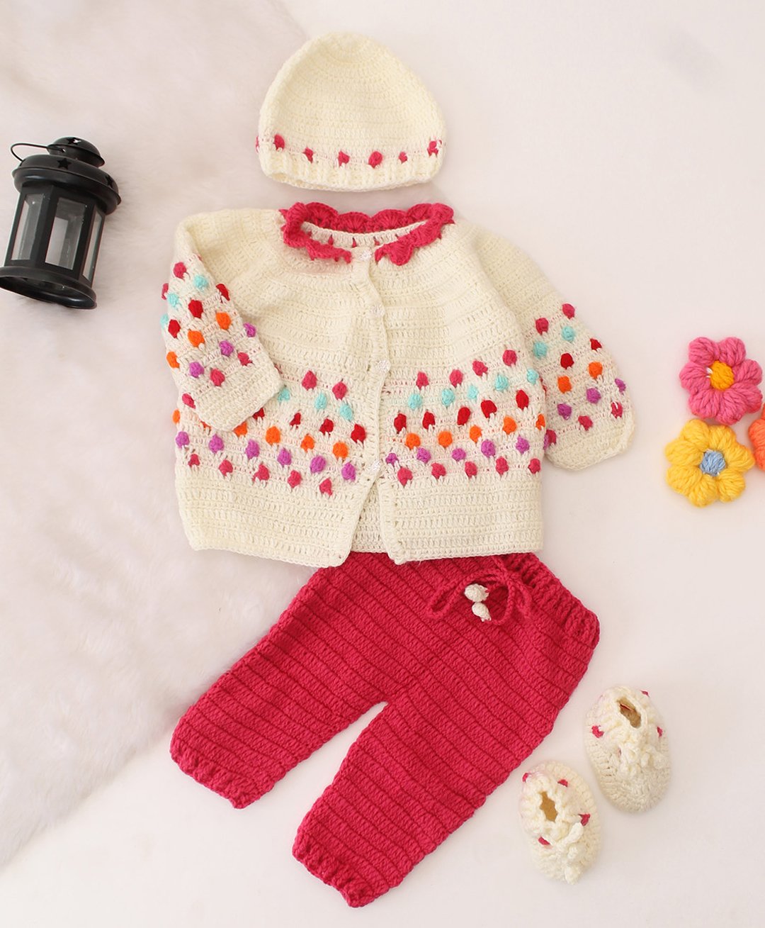 Woonie Full Sleeves Polka Dots Designed Crotcheted Sweater Set - Cream-image-32