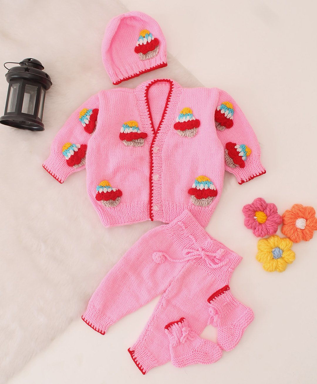 Woonie Full Sleeves Cup Cake Designed Crotcheted Sweater Set - Pink-image-18