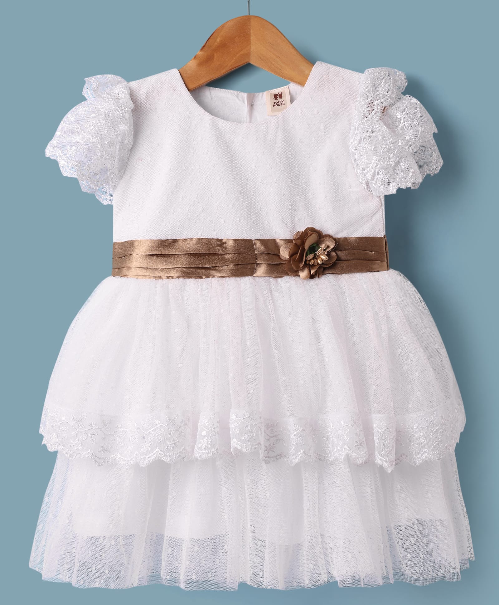 ToffyHouse Woven Half Frill Sleeves Party Mesh Frock with Lace Detailing & Floral Applique - White-picture-10