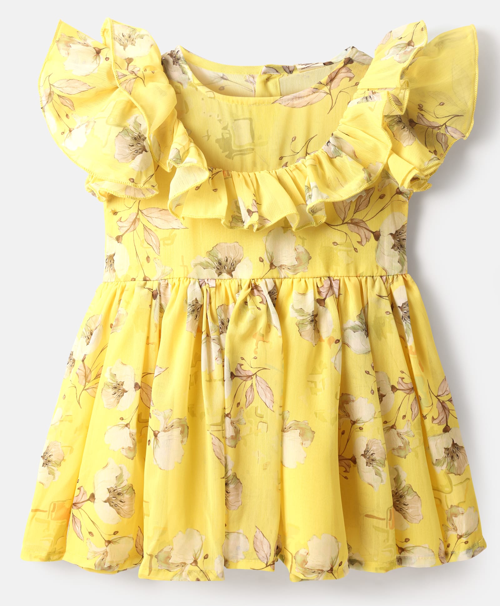 ToffyHouse Woven Frill Sleeves Party Dress With Floral Print & Ruffle Detailing - Lemon Yellow-image-29