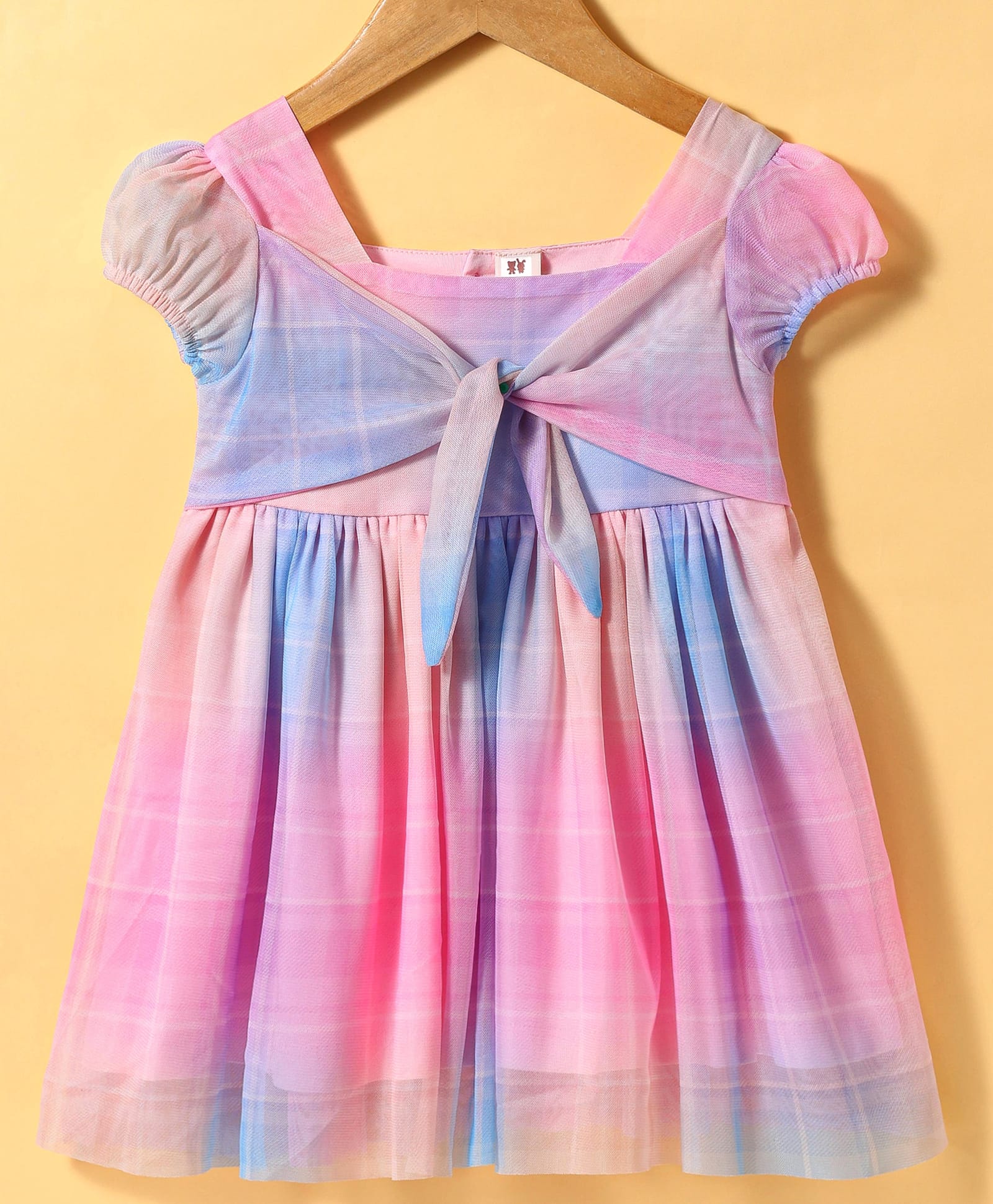 ToffyHouse Woven Puffed Sleeves Dress with Checks - Pink & Purple-image-2