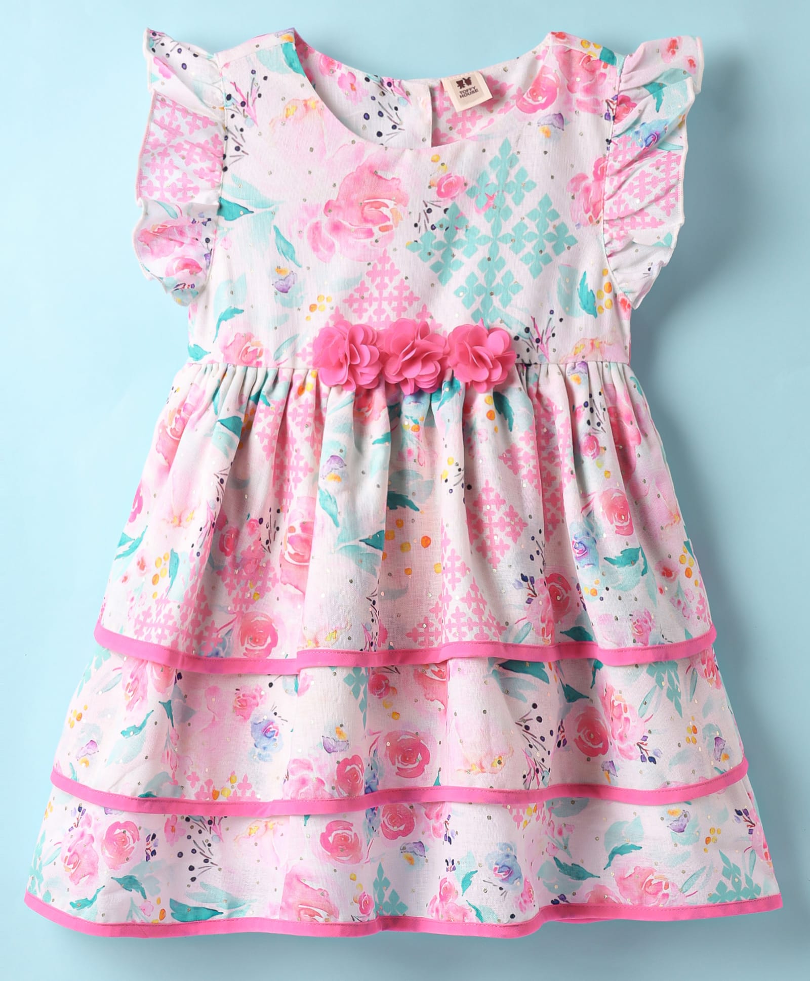 ToffyHouse Woven Frill Sleeves Party Frock With Floral Print & Bow Applique - Pink-image-31