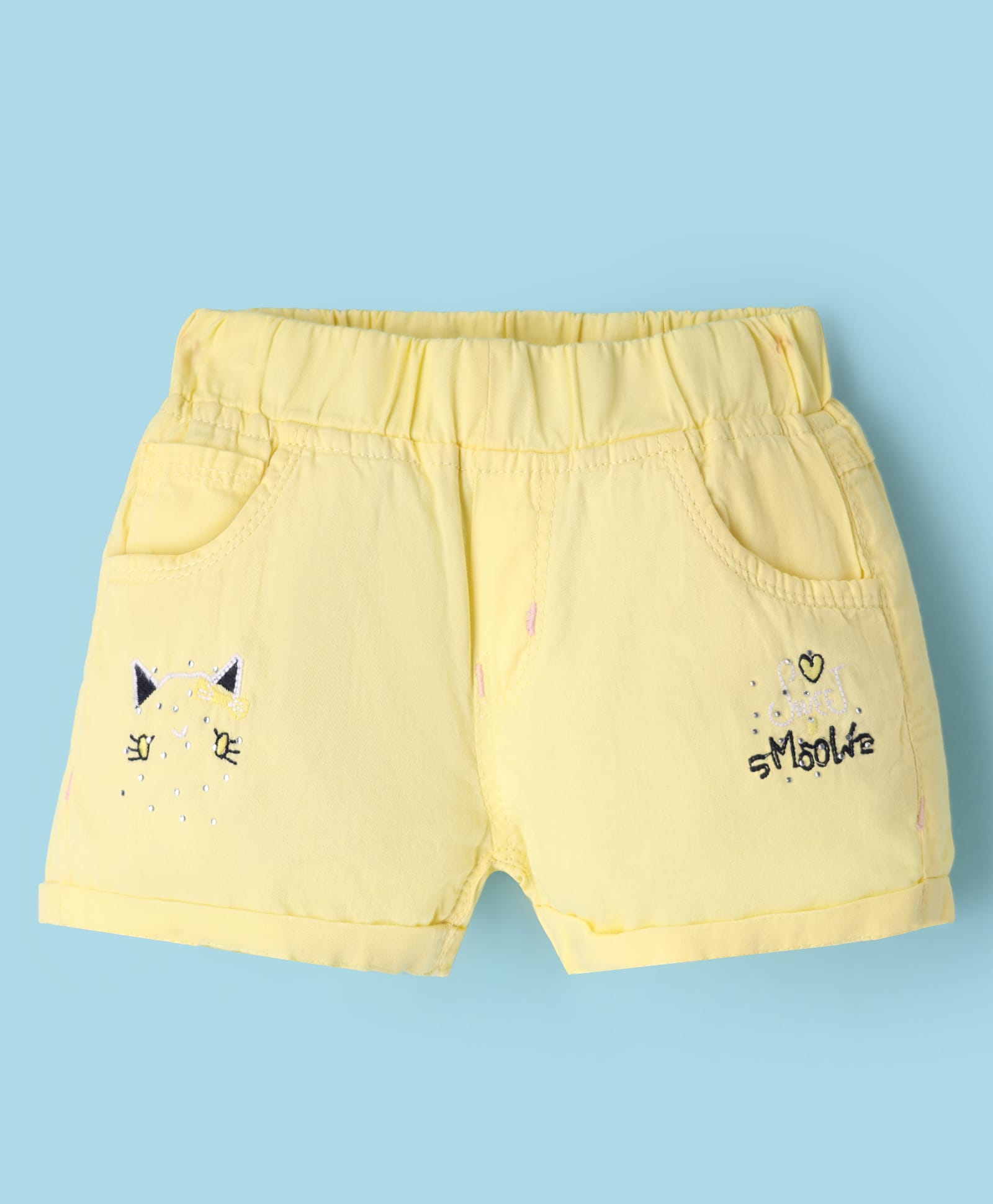 Olio Kids Cotton Woven Above Knee Length Shorts with Text Embroidery - Lemon Yellow-picture-38