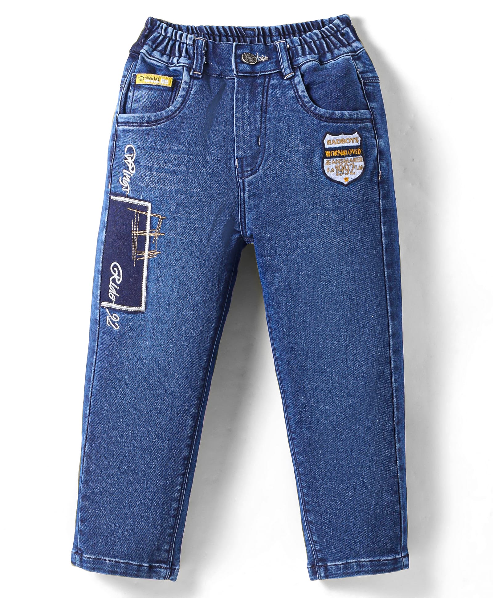 Olio Kids Full Length Washed Denim Jeans with Text Embroidery & Path - Blue-picture-23