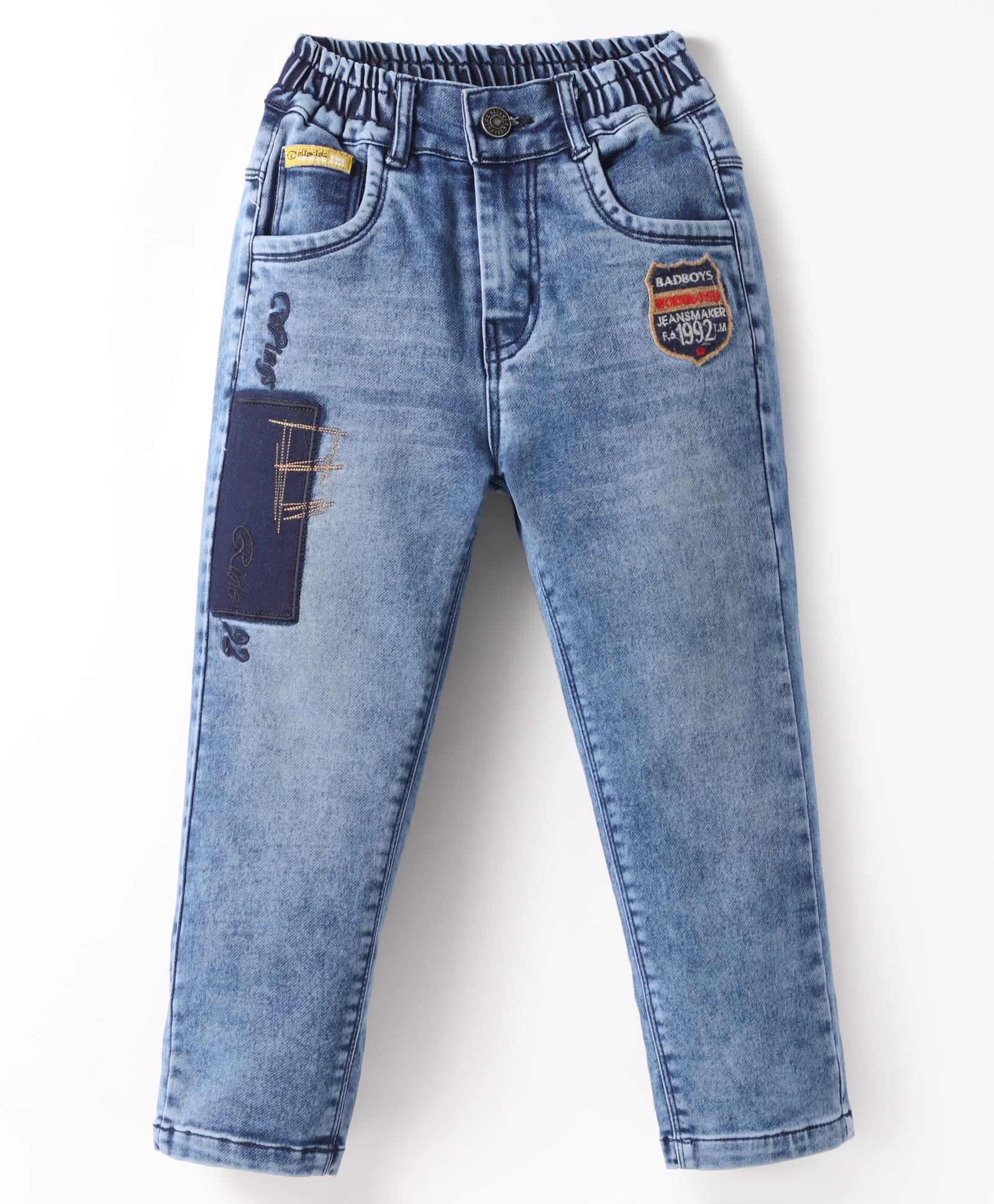Olio Kids Full Length Washed Denim Jeans with Text Embroidery & Patch - Light Blue-picture-16