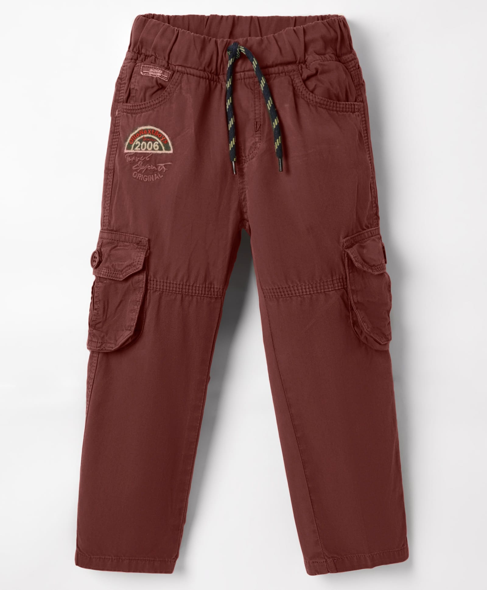 Olio Kids Cotton Woven Full Length Trousers With Cargo Pockets & Text Embroidery - Burgandy-picture-16