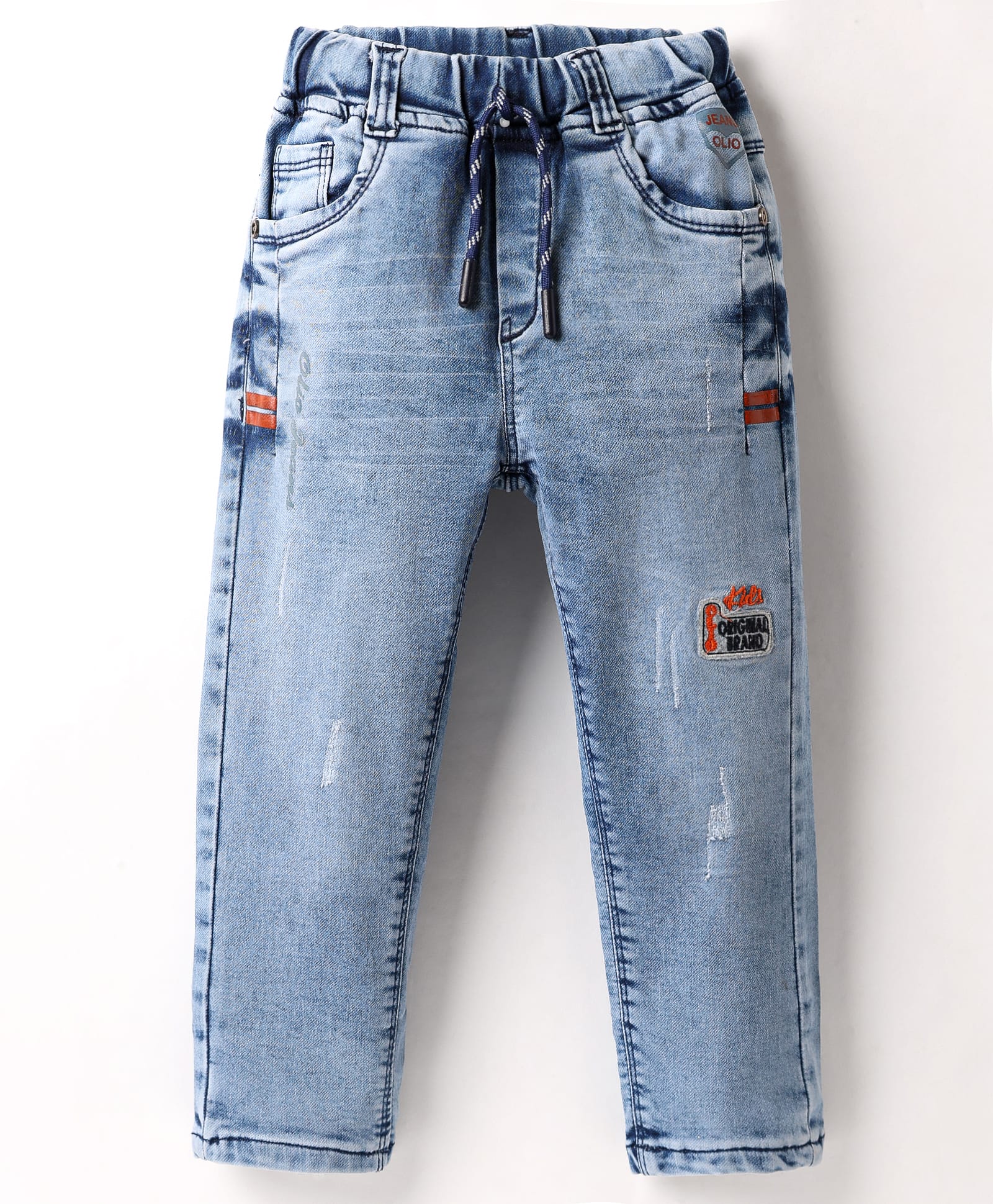 Olio Kids Woven Full Length Denim Jeans With Text Embroidery & Distressed Pattern - Light Blue-picture-23