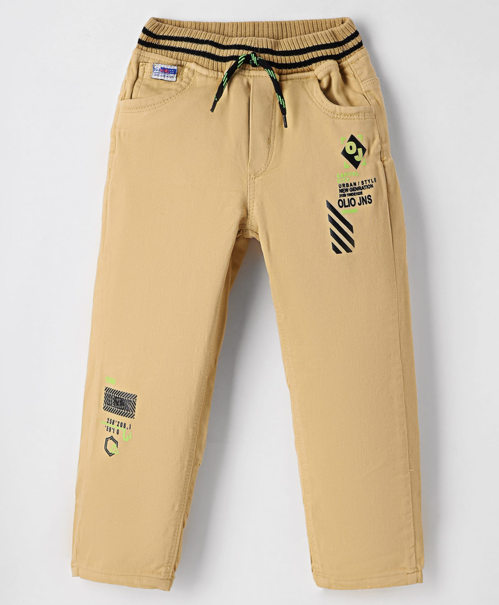 Olio Kids Cotton Woven Full Length Trouser with Sport Theme Print - Tan-picture-24