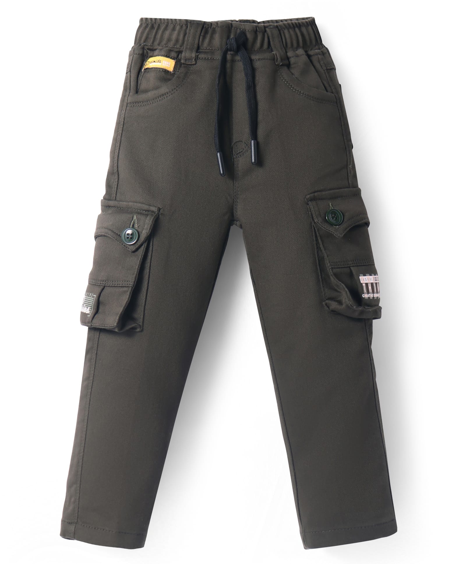 Olio Kids Cotton Woven Full Length Trousers with Patch Detailing - Olive Green-picture-32