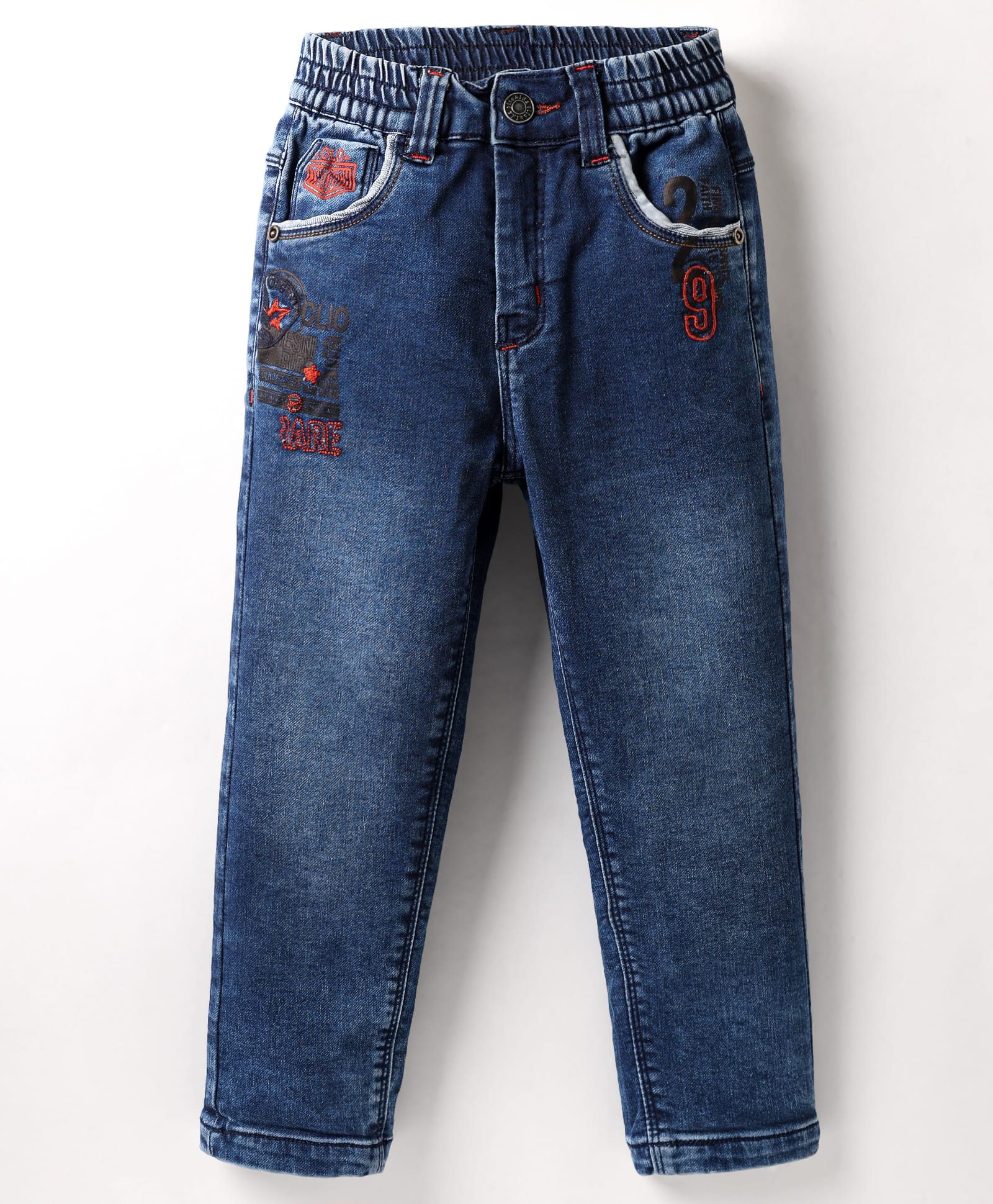Olio Kids Woven Full Length Denim Jeans With Embroidery Detailing - Navy Blue-picture-27