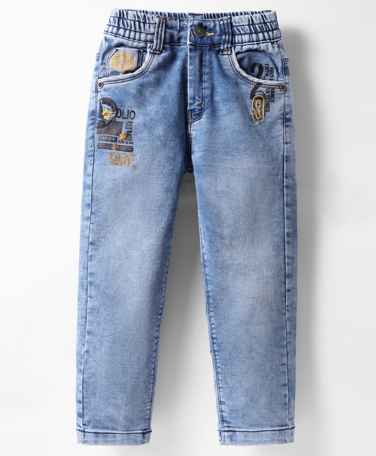 Olio Kids Woven Full Length Denim Jeans With Embroidery Detailing - Light Blue-picture-17